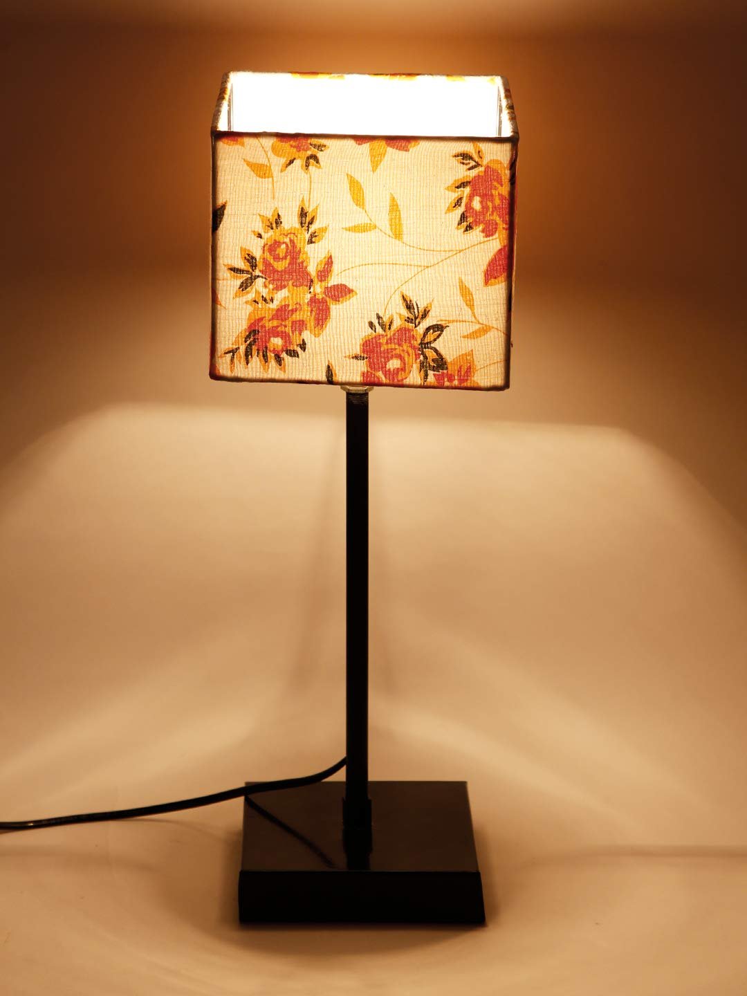 Square Multicolor Cotton Shade Table Lamp with Iron Base