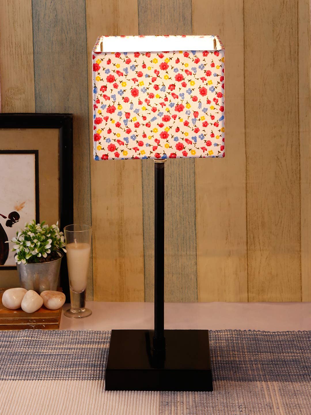 Square Multicolor Cotton Shade Table Lamp with Iron Base