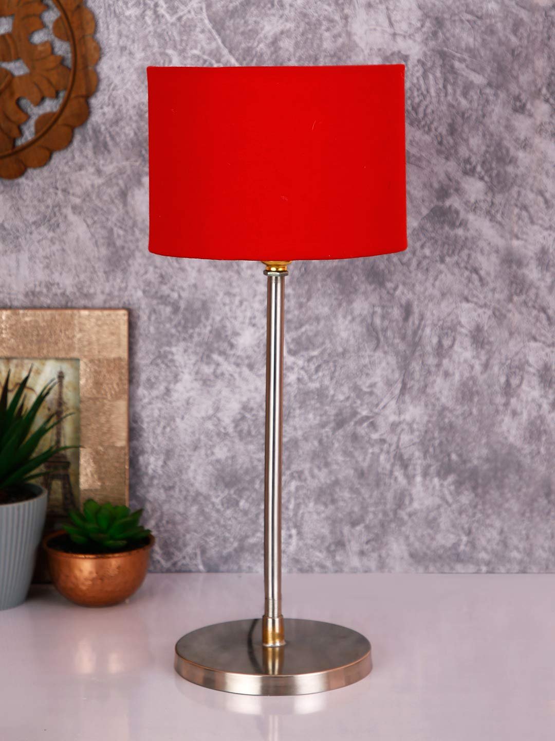 Drum Red Cotton Shade Table Lamp with Steel Base