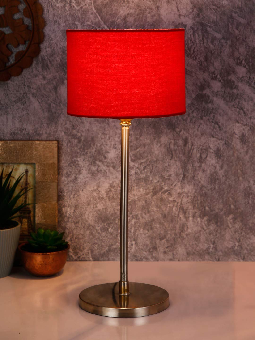 Drum Red Cotton Shade Table Lamp with Steel Base
