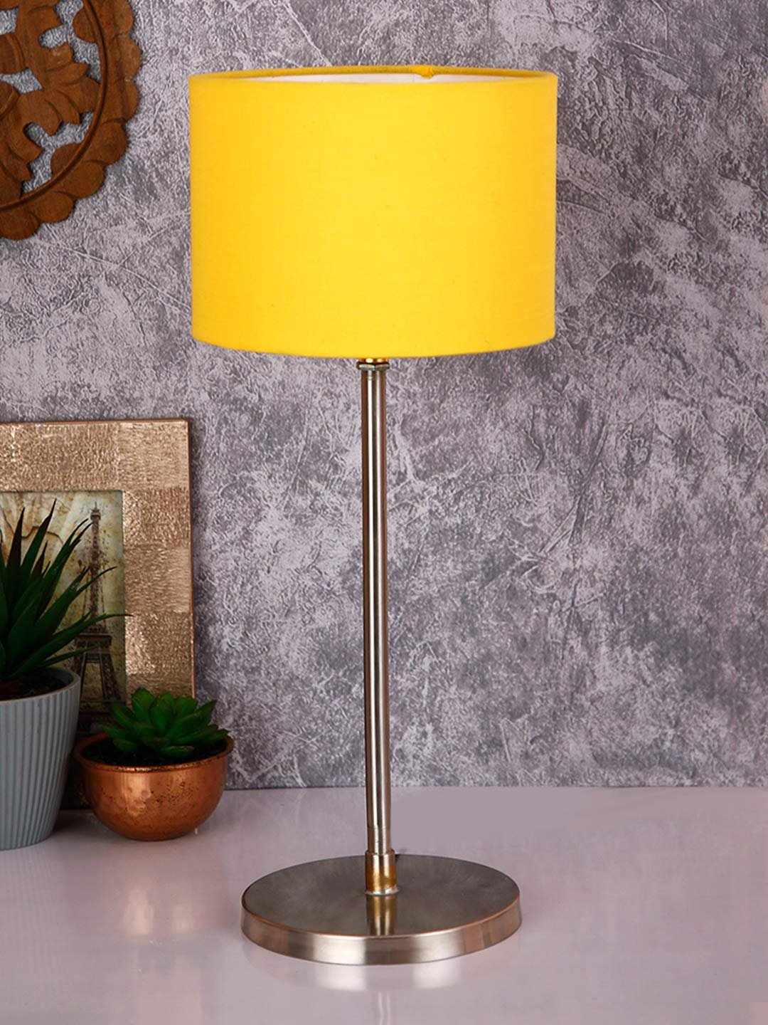 Drum Yellow Cotton Shade Table Lamp with Steel Base
