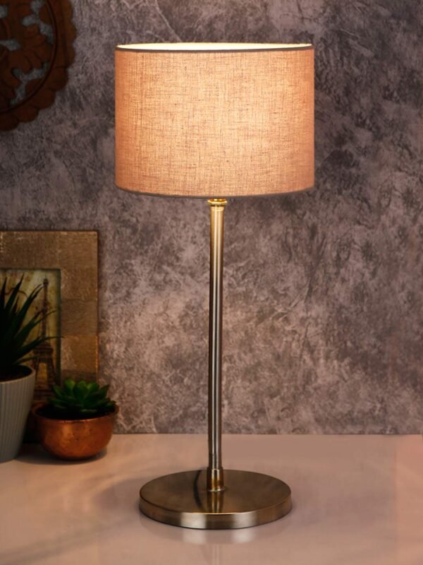 Drum Grey Cotton Shade Table Lamp with Steel Base