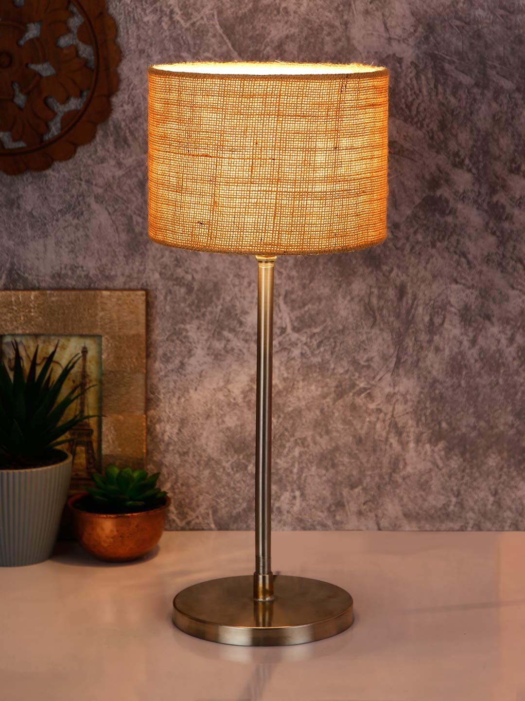 Drum Beige Jute Shade Table Lamp with Steel Base