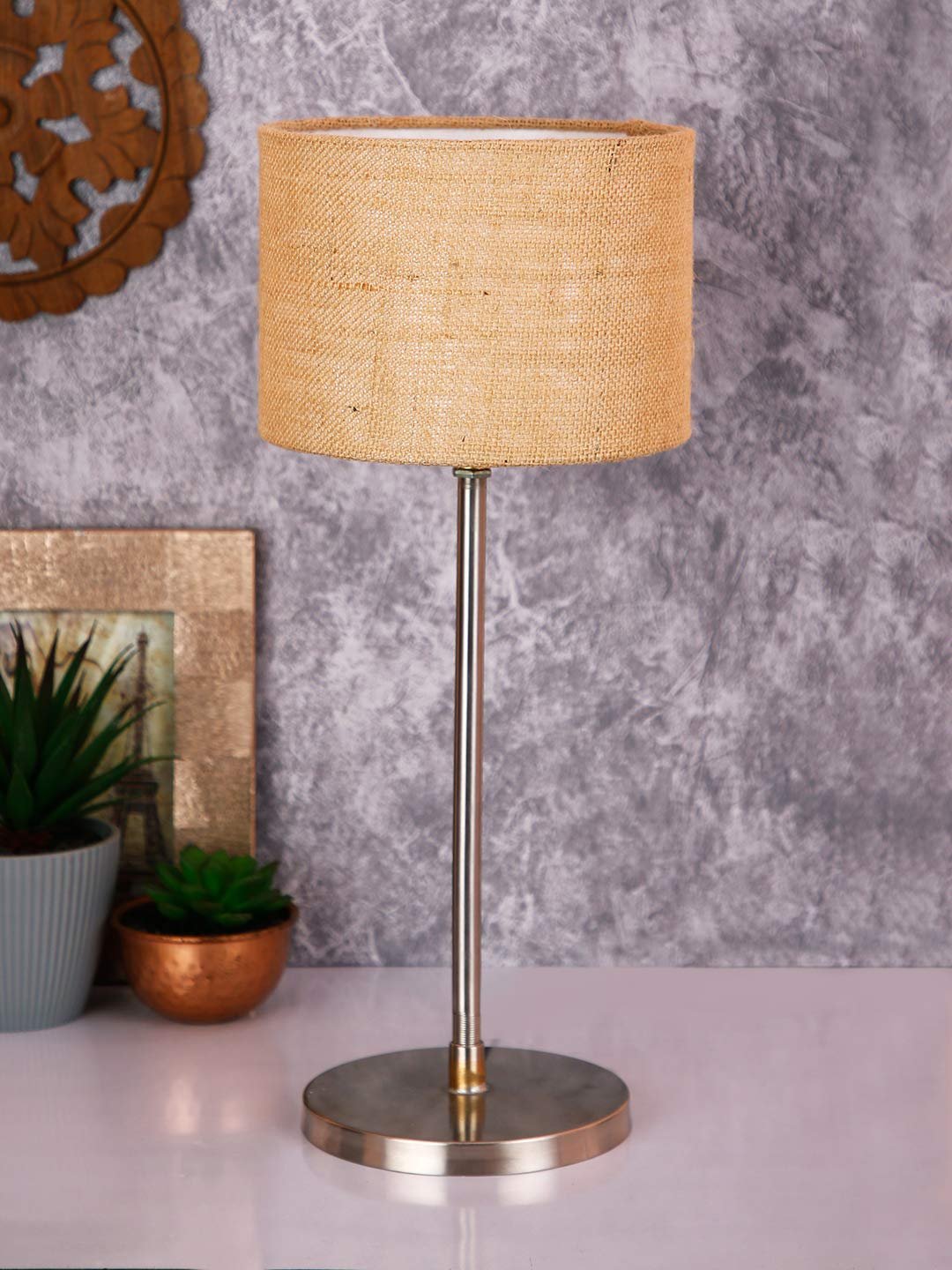 Drum Beige Jute Shade Table Lamp with Steel Base