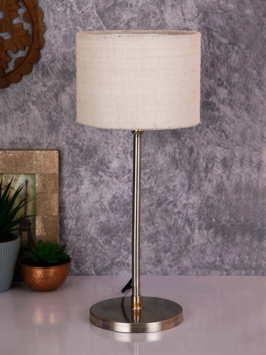 Drum White Jute Shade Table Lamp with Steel Base