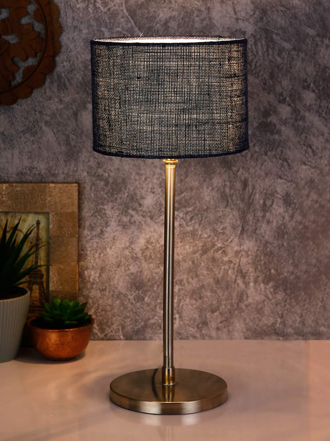 Drum Blue Jute Shade Table Lamp with Steel Base