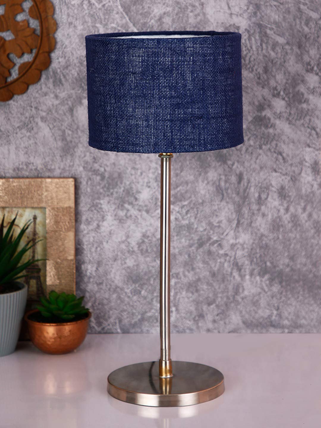 Drum Blue Jute Shade Table Lamp with Steel Base