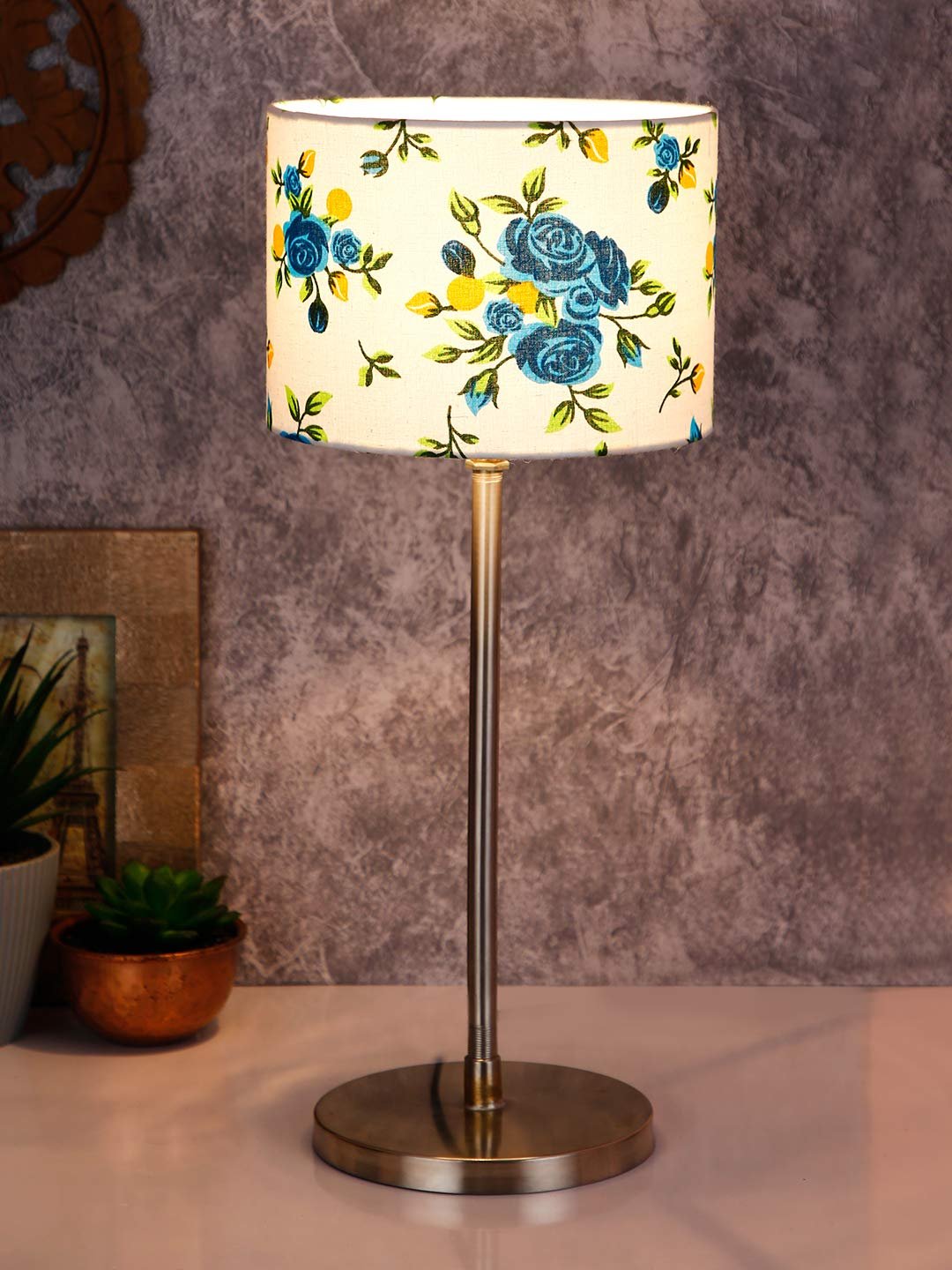 Drum Multicolor Cotton Shade Table Lamp with Steel Base