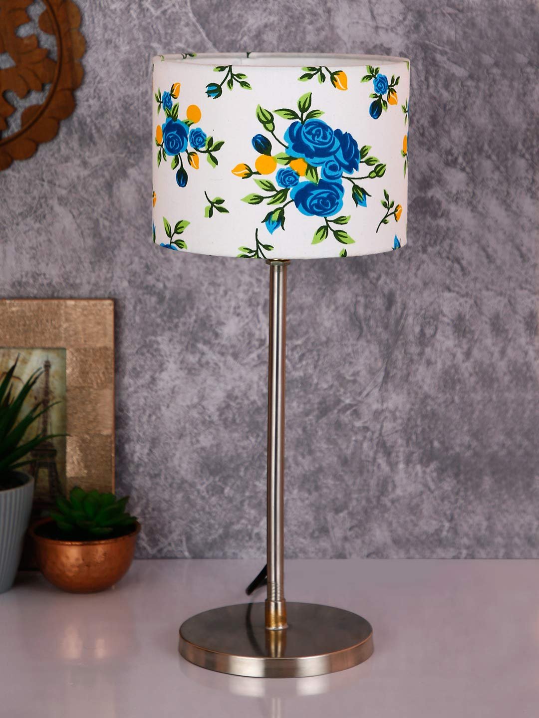 Drum Multicolor Cotton Shade Table Lamp with Steel Base