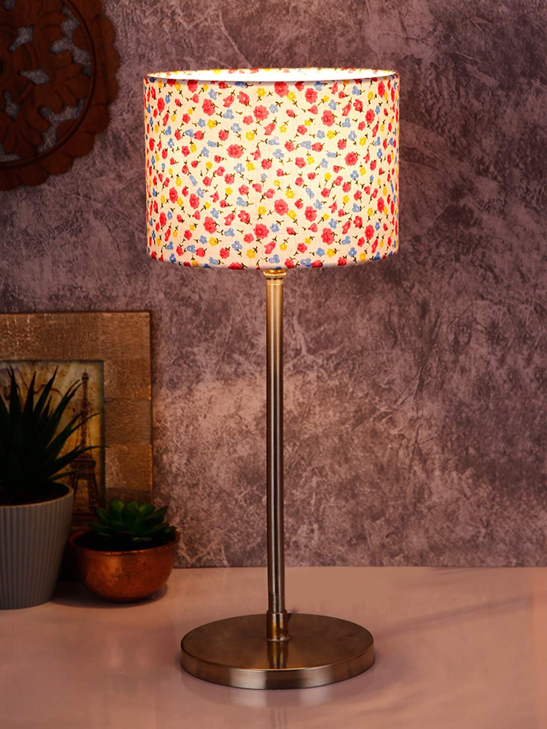 Drum Multicolor Cotton Shade Table Lamp with Steel Base