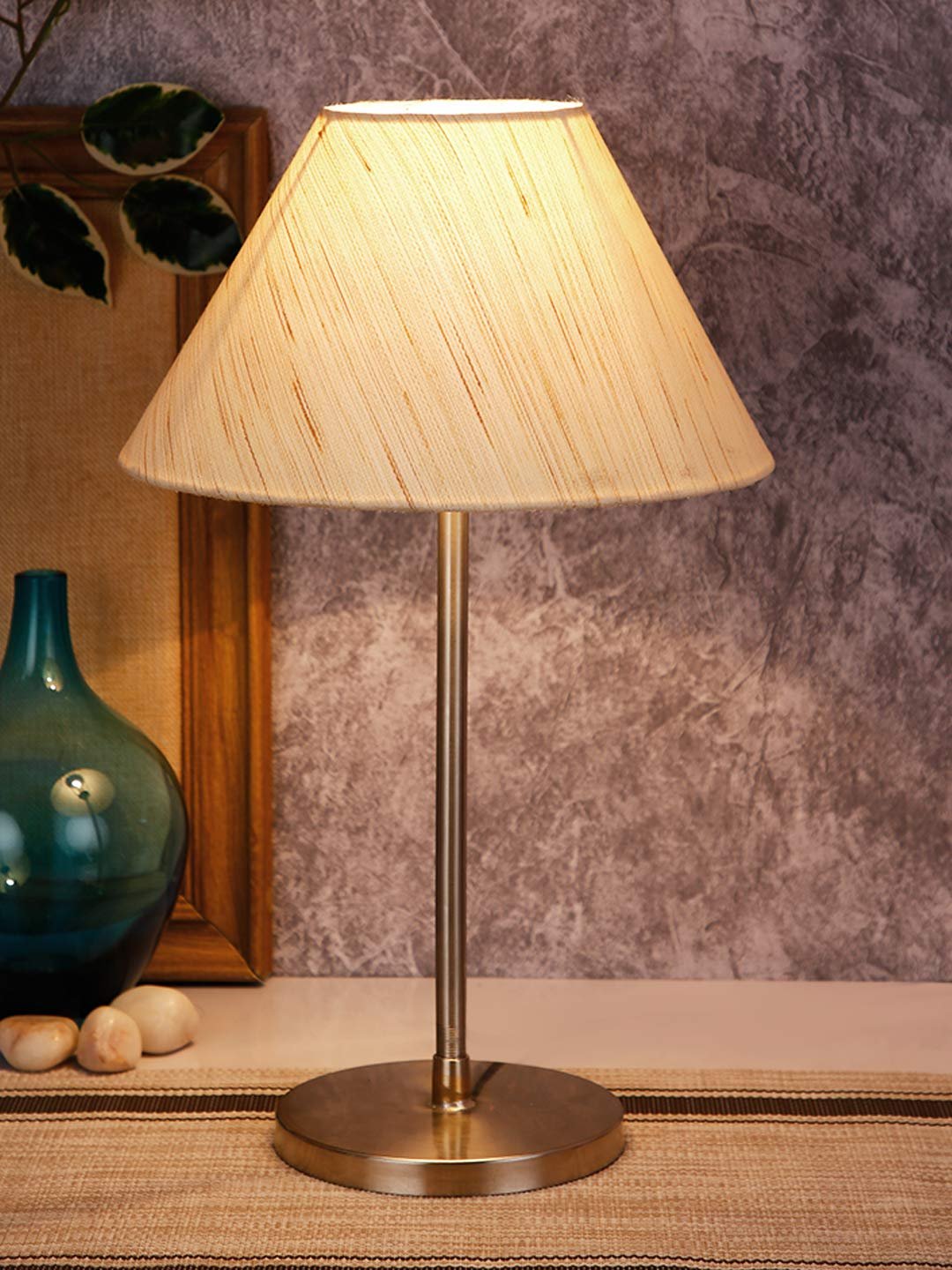 Conical Off White Cotton Shade Table Lamp with Steel Base