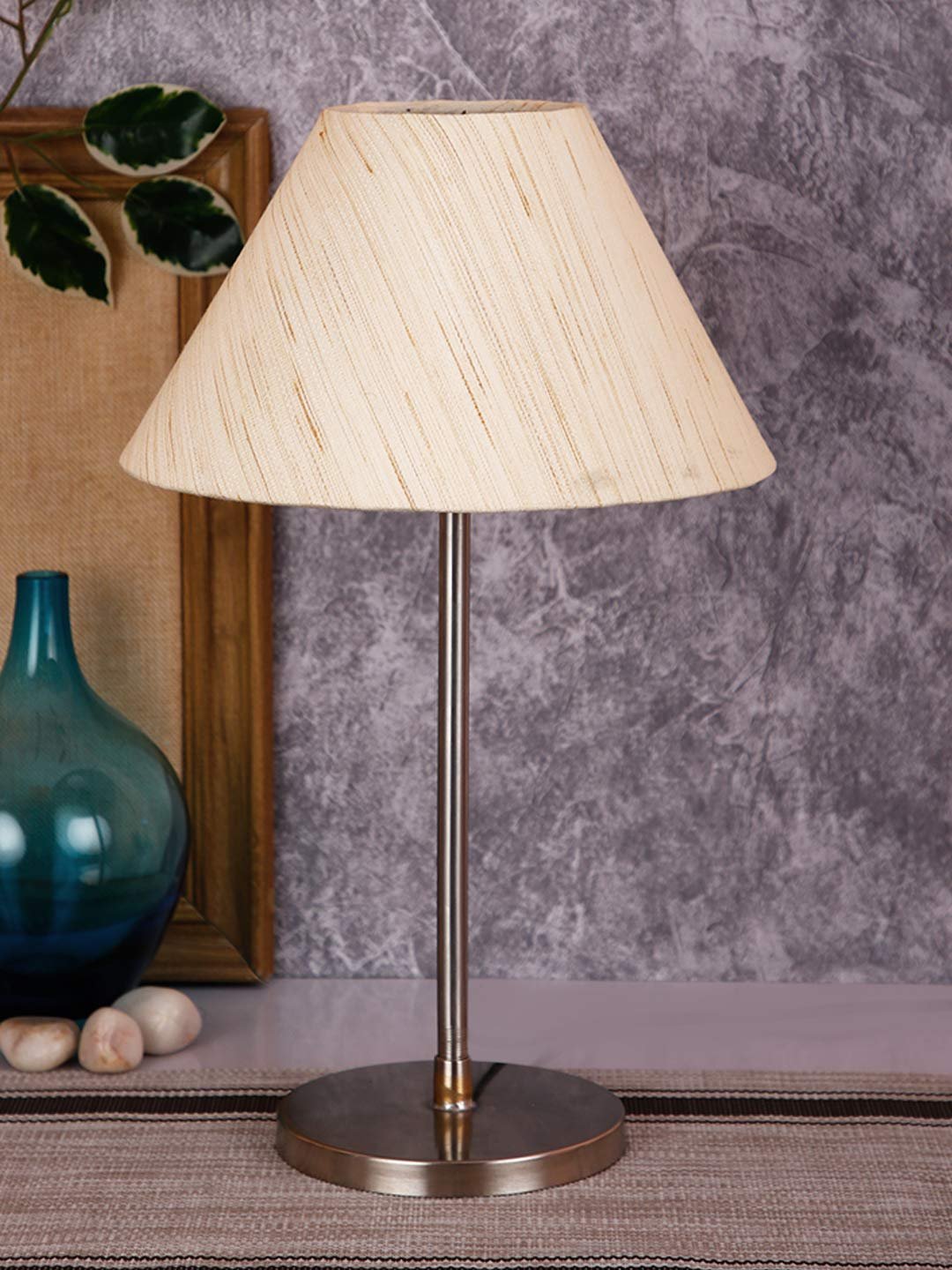 Conical Off White Cotton Shade Table Lamp with Steel Base