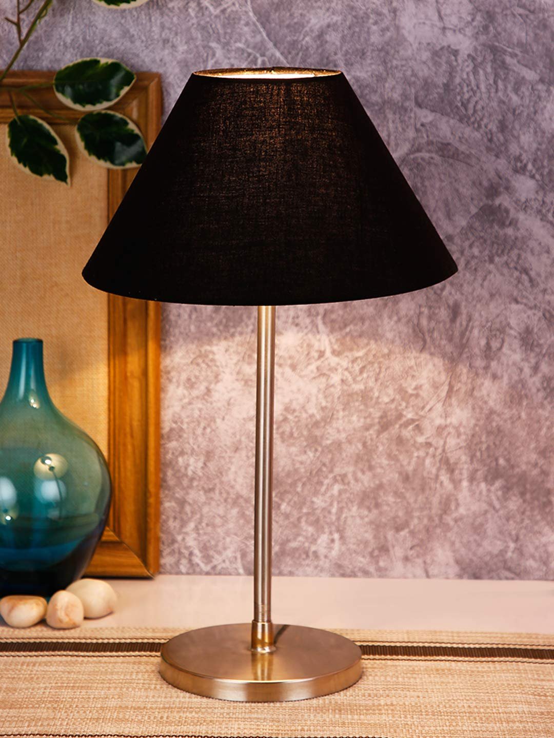 Conical Black Cotton Shade Table Lamp with Steel Base