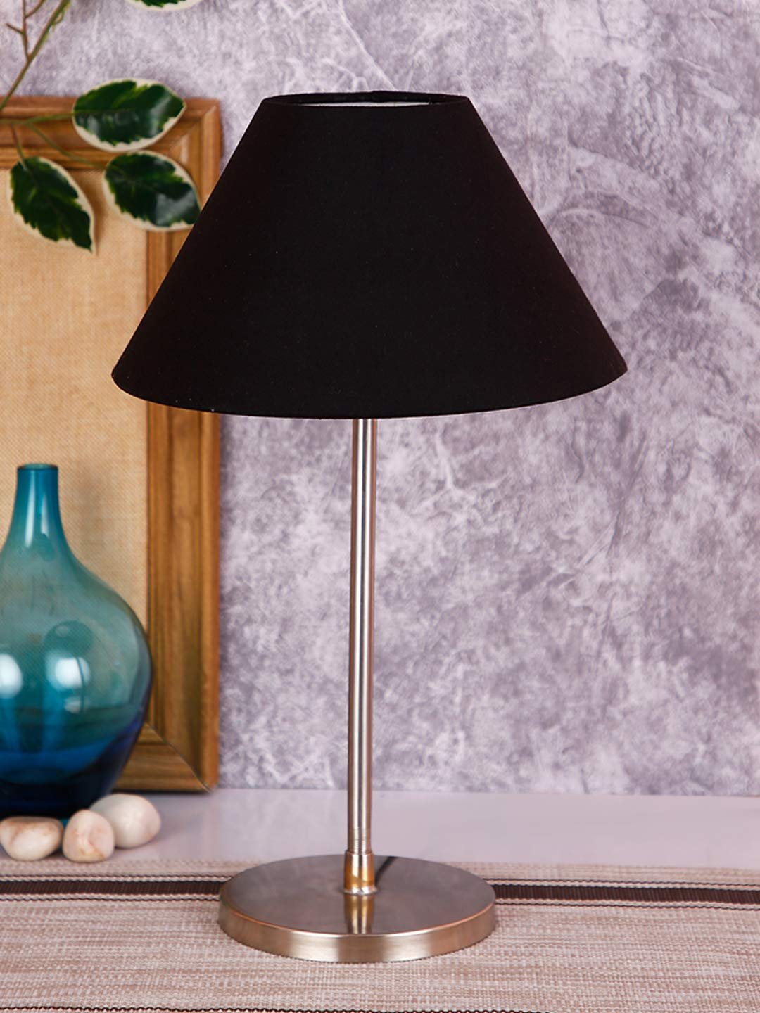 Conical Black Cotton Shade Table Lamp with Steel Base