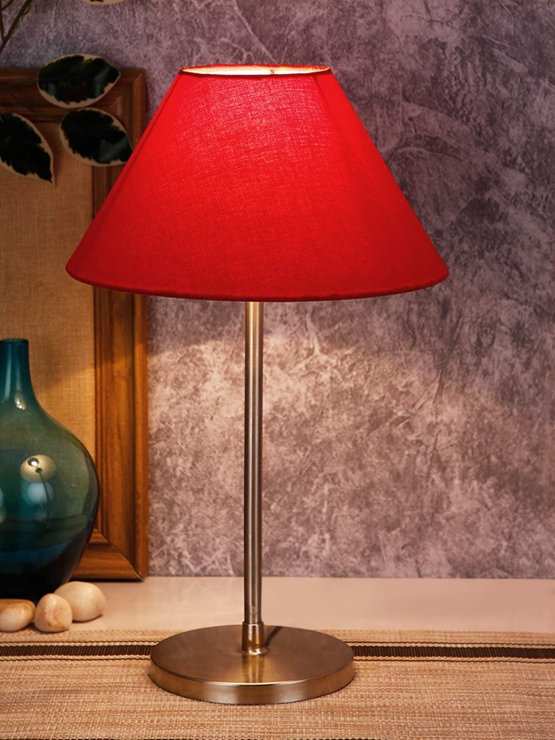 Conical Red Cotton Shade Table Lamp with Steel Base