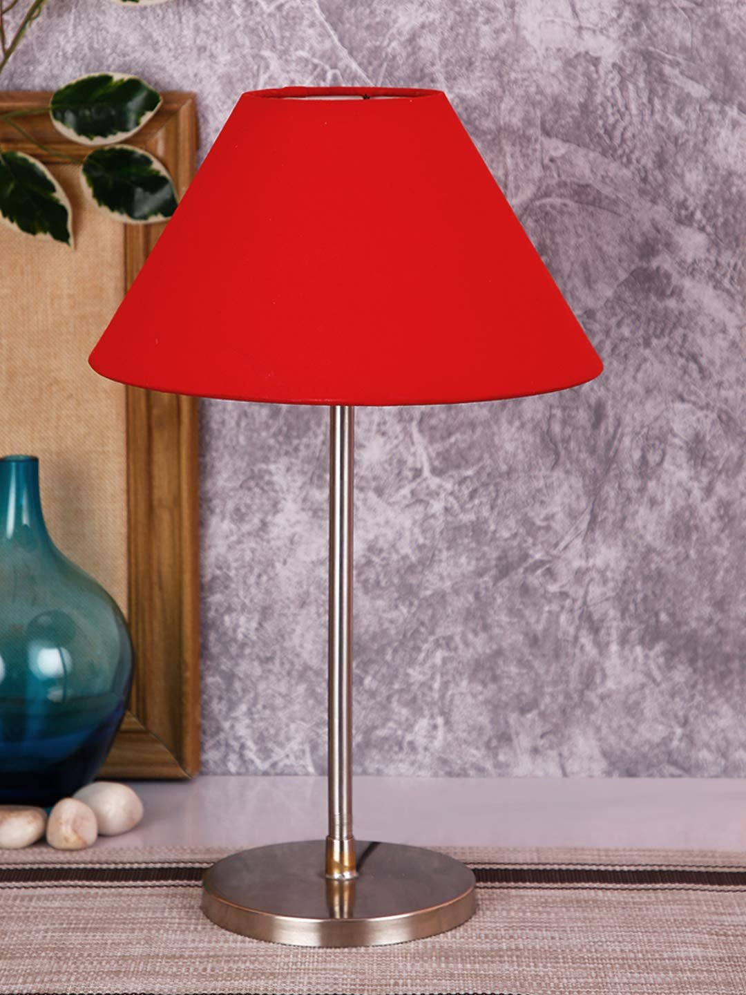 Conical Red Cotton Shade Table Lamp with Steel Base