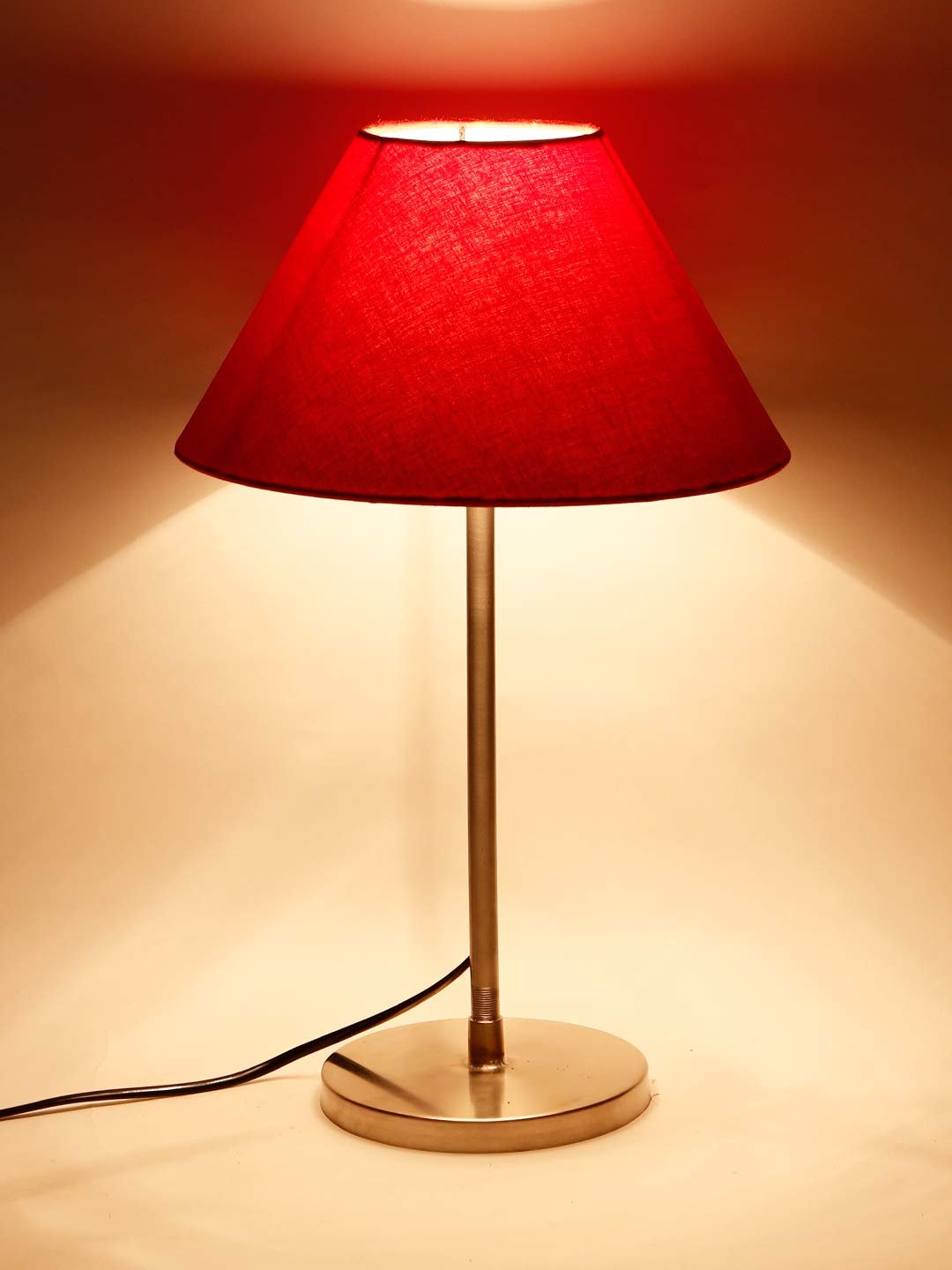 Conical Red Cotton Shade Table Lamp with Steel Base