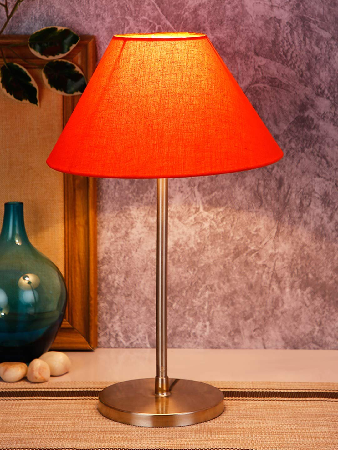 Conical Orange Cotton Shade Table Lamp with Steel Base