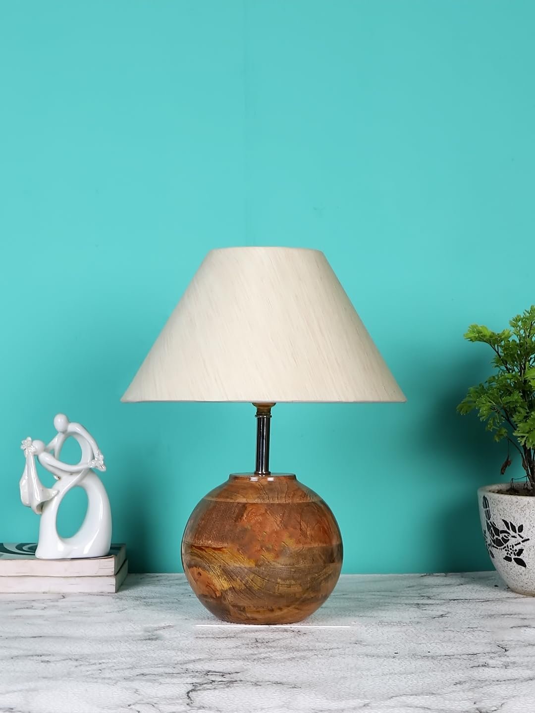 Off-White Cotton with Natural Wood Table Lamp