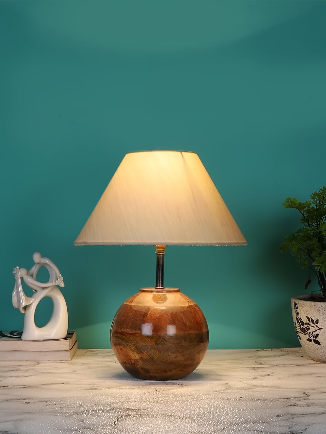 Off-White Cotton with Natural Wood Table Lamp