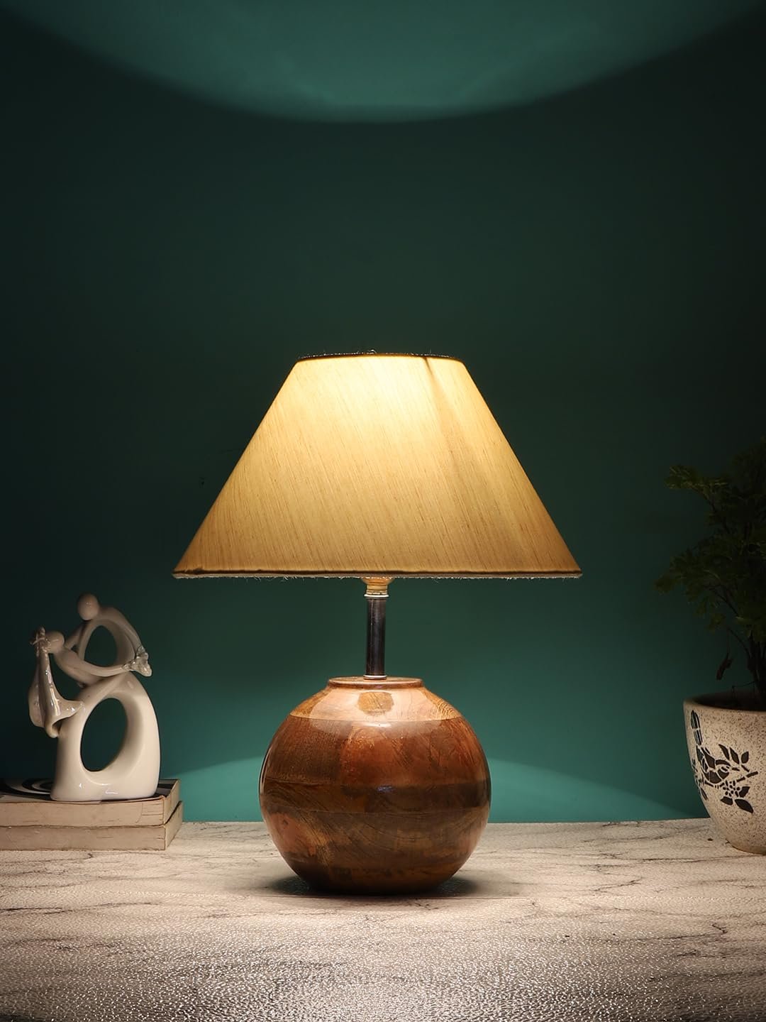 Off-White Cotton with Natural Wood Table Lamp