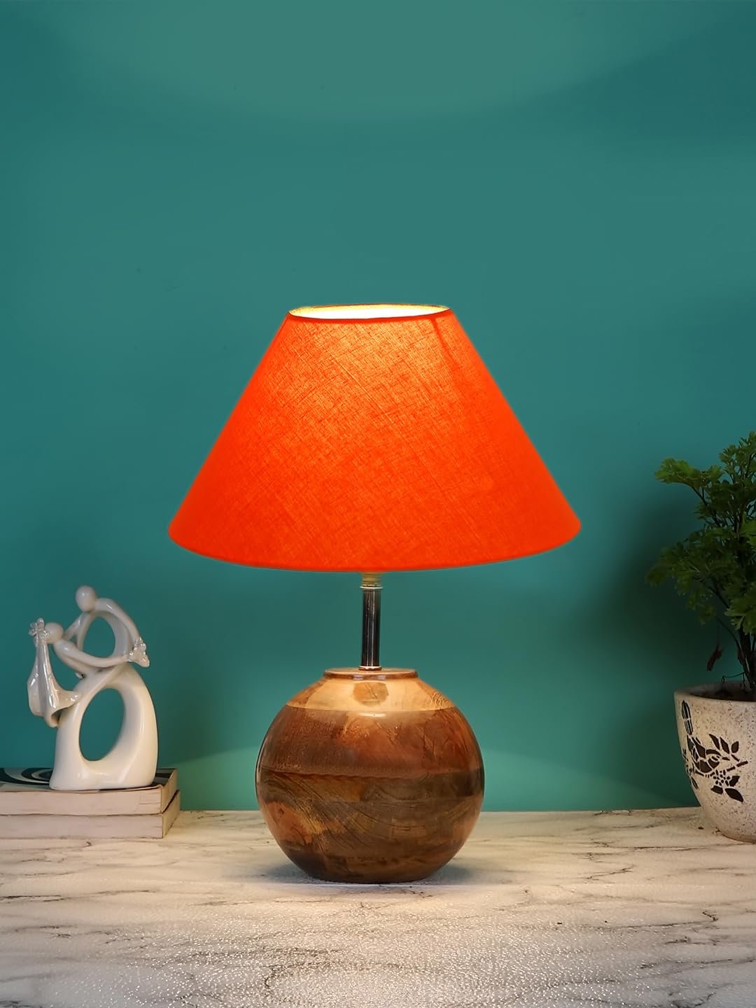 Orange Cotton with Natural Wood Table Lamp