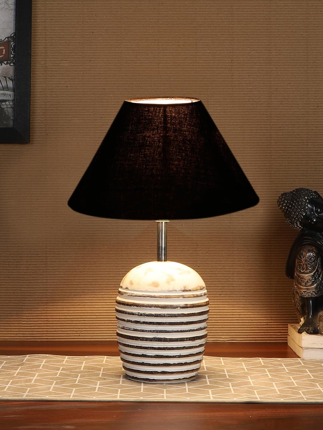 Black Cotton with White Brushed Wood Table Lamp