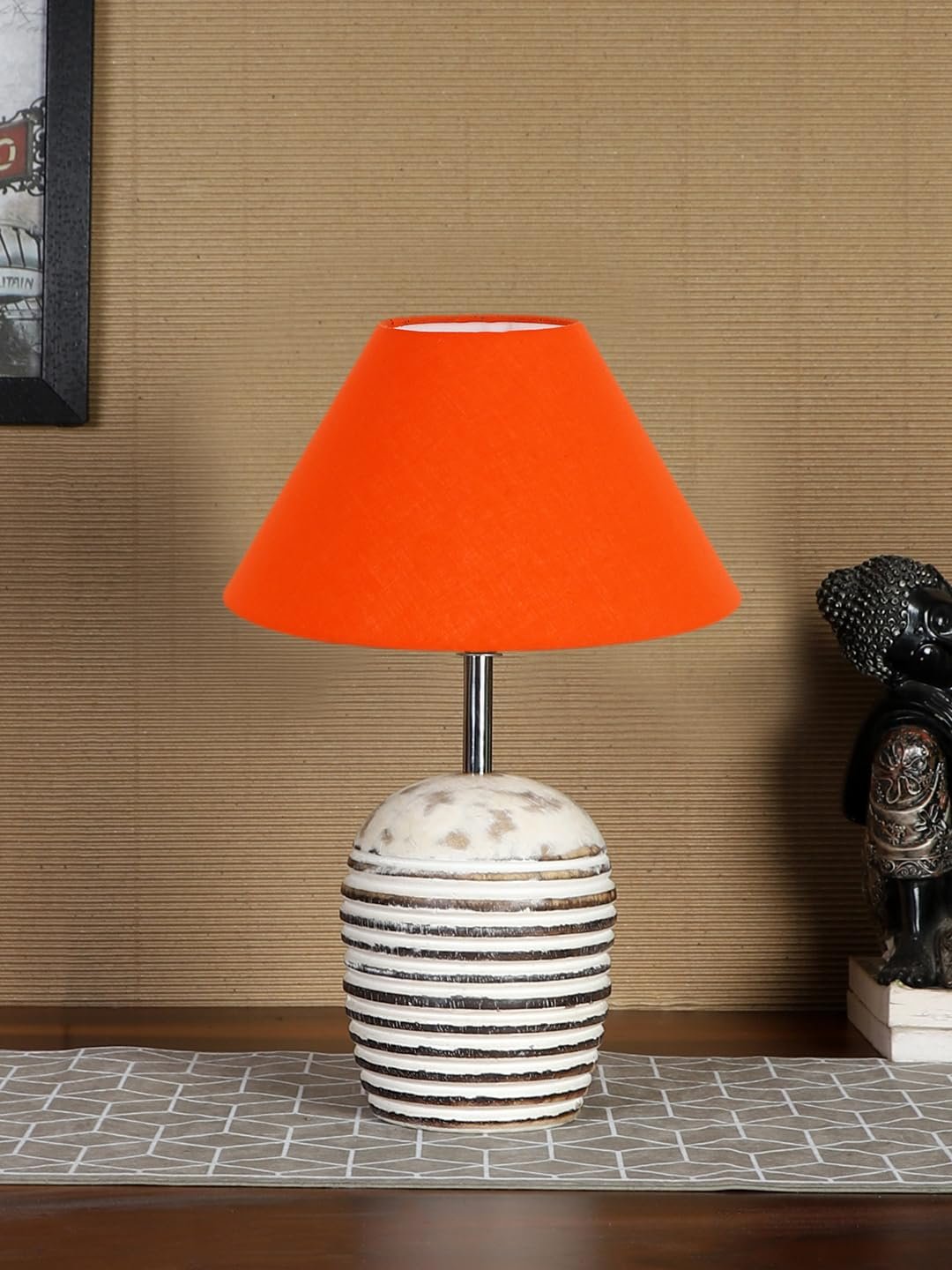 Orange Cotton with White Brushed Wood Table Lamp