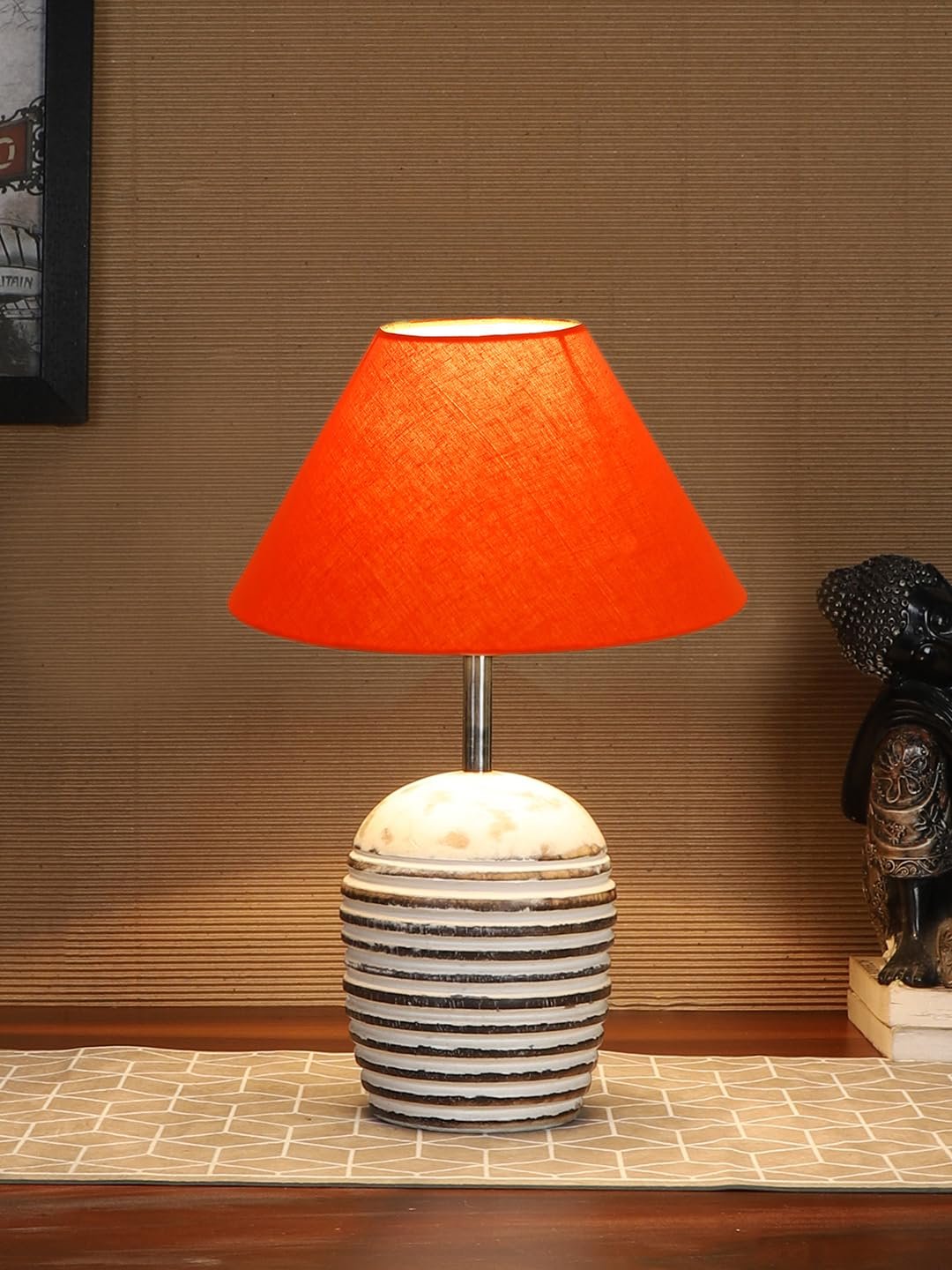 Orange Cotton with White Brushed Wood Table Lamp