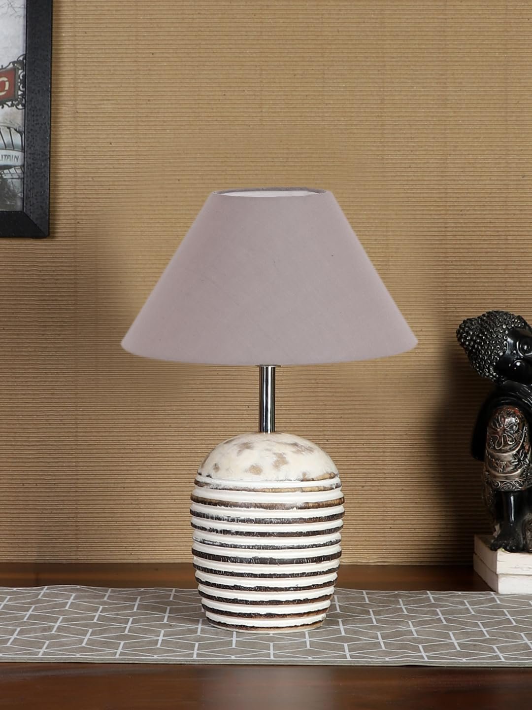 Grey Cotton with White Brushed Wood LED Table Lamp