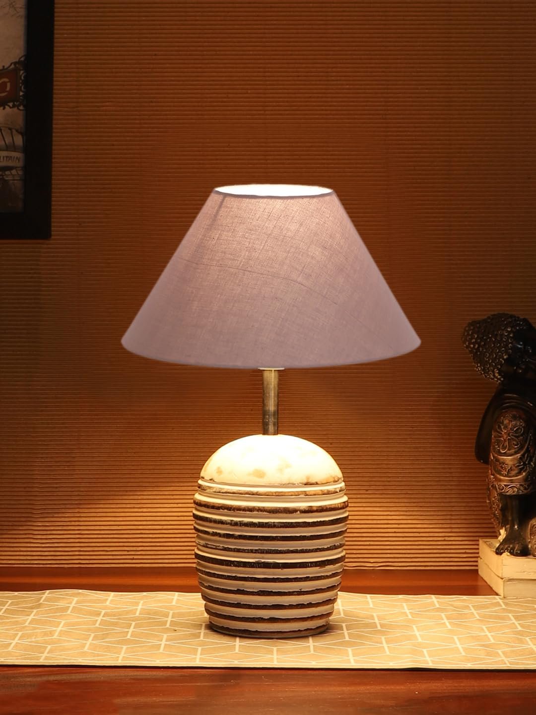 Grey Cotton with White Brushed Wood LED Table Lamp