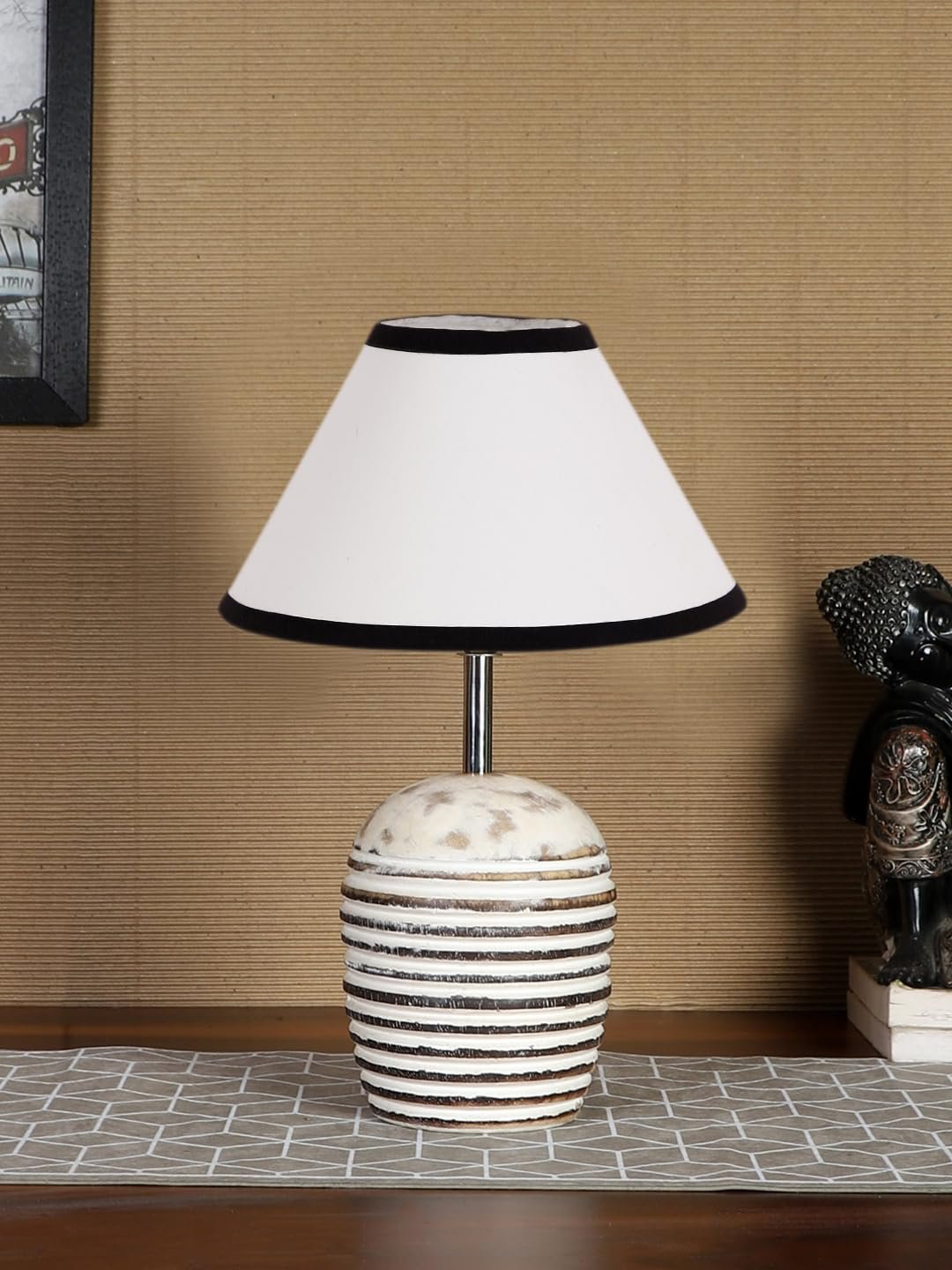 White & Black Cotton with White Brushed Wood Table LED Lamp