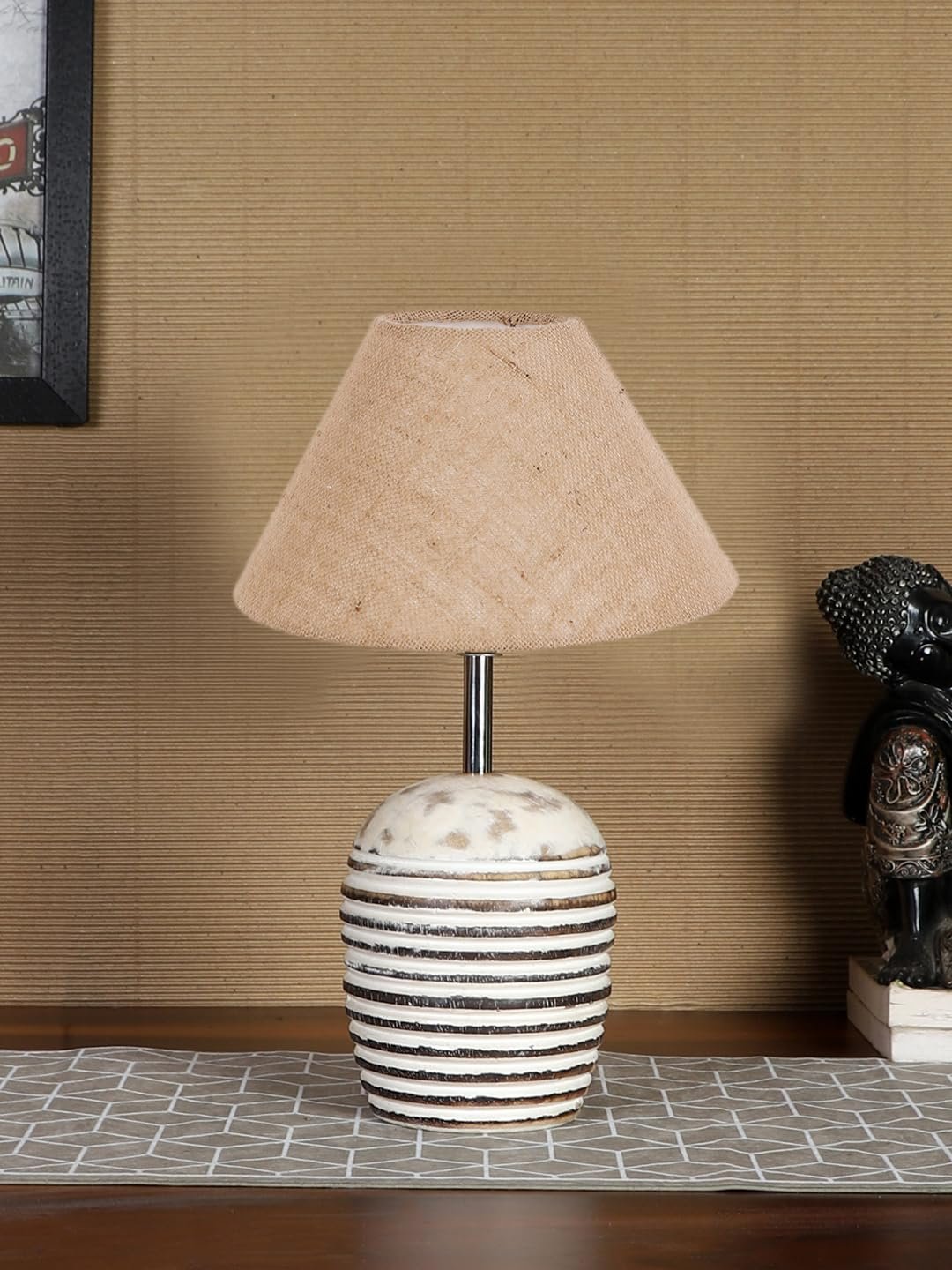 Beige Jute with White Brushed Wood Fluorescent Table Lamp