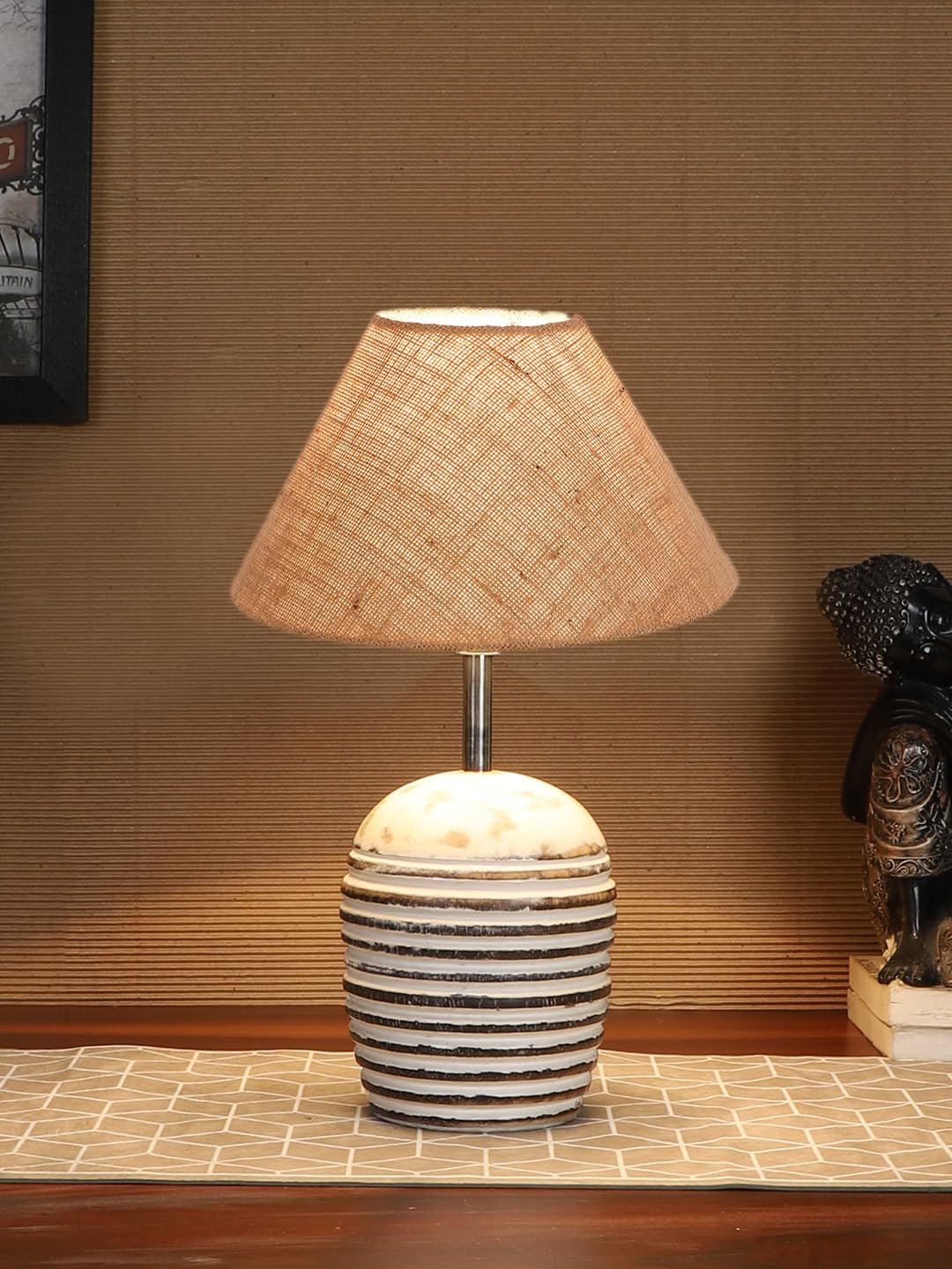 Beige Jute with White Brushed Wood Fluorescent Table Lamp