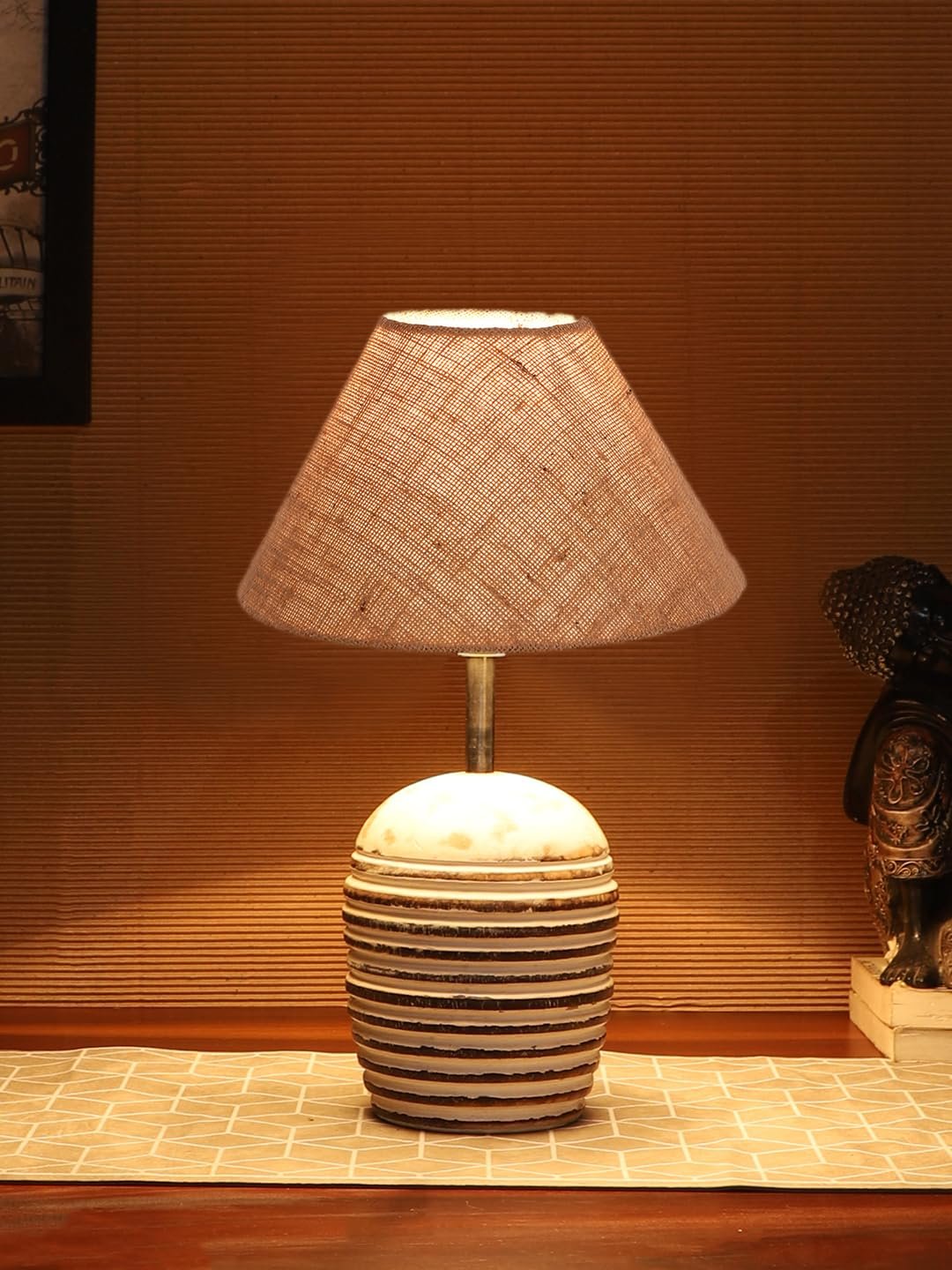 Beige Jute with White Brushed Wood Fluorescent Table Lamp