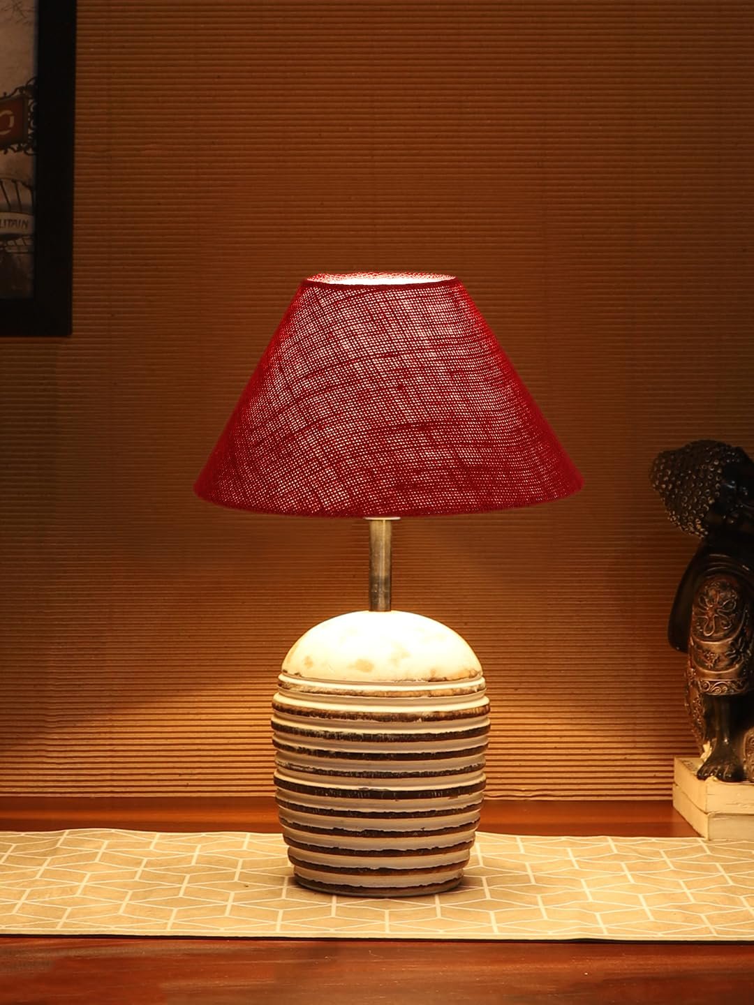 Maroon Jute with White Brushed Wood Table Lamp