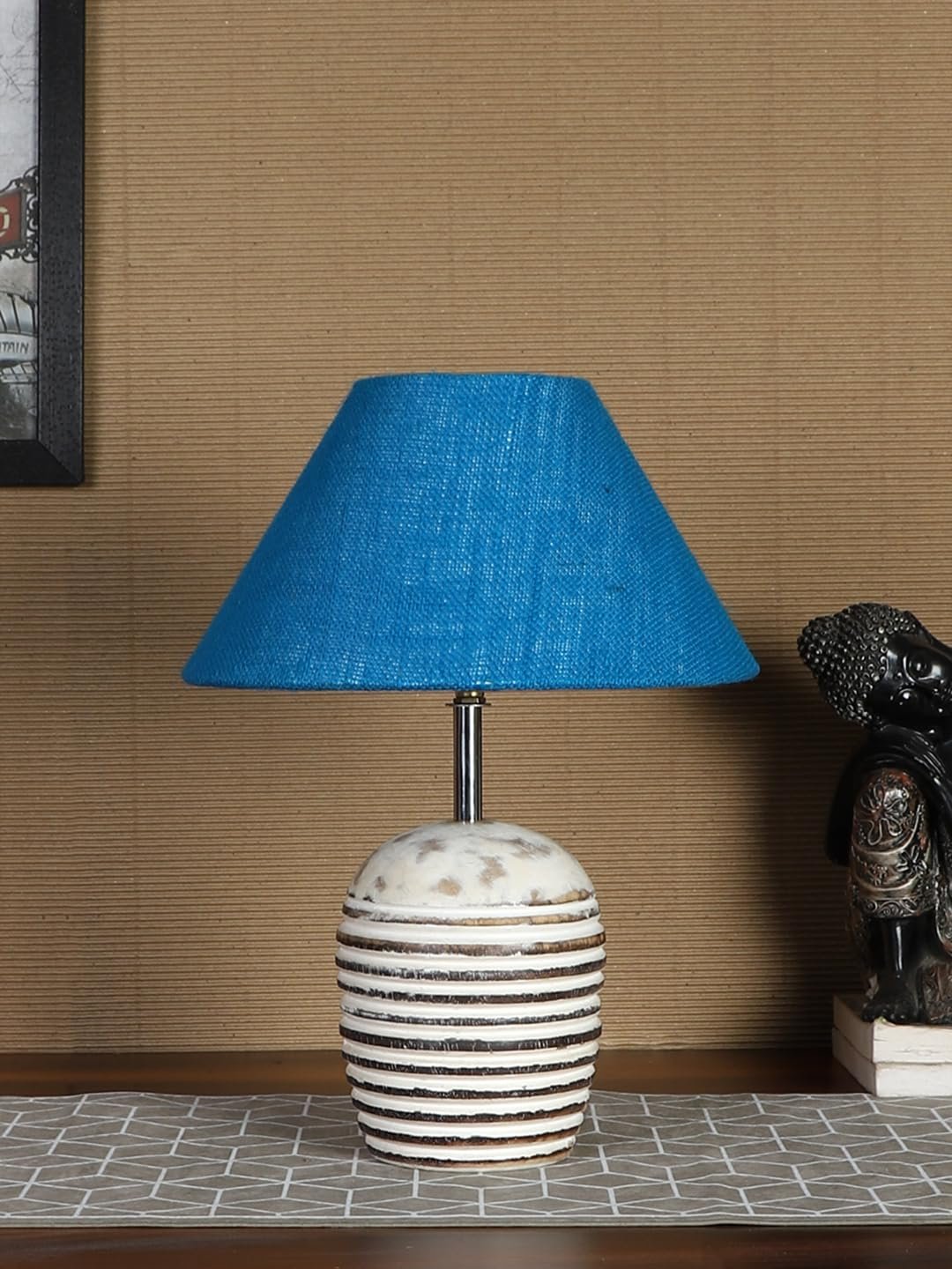 Turquoise Jute with White Brushed Wood Table Lamp