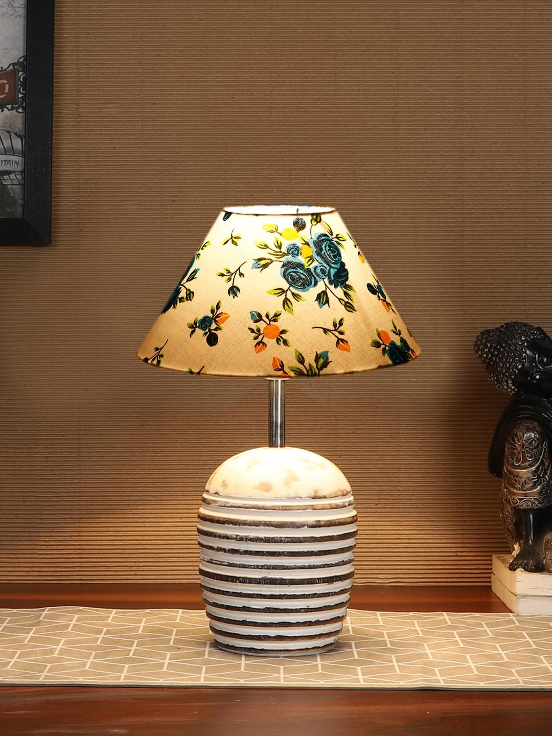 Multicolor Cotton with White Brushed Wood Table Lamp -1