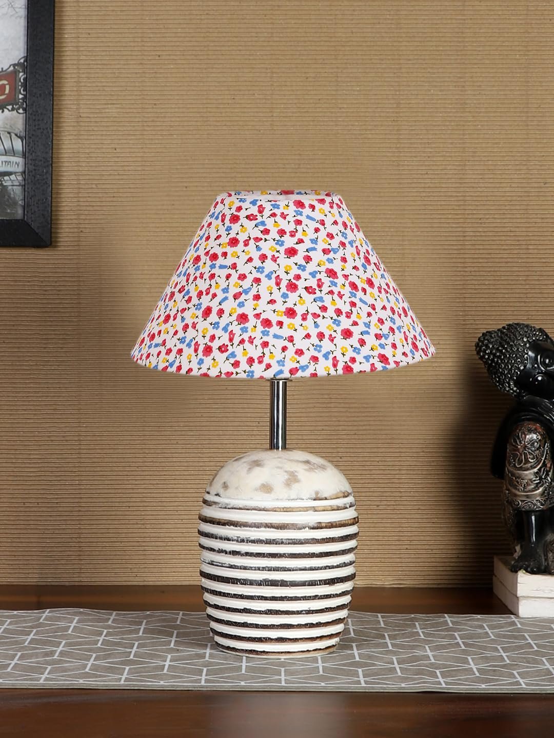 Multicolor Cotton with White Brushed Wood Table Lamp -3