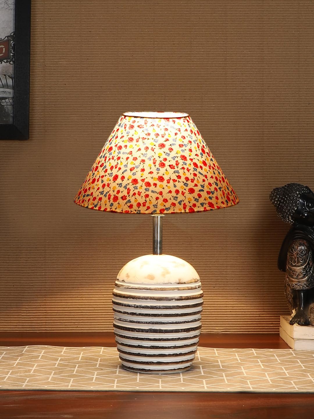 Multicolor Cotton with White Brushed Wood Table Lamp -3