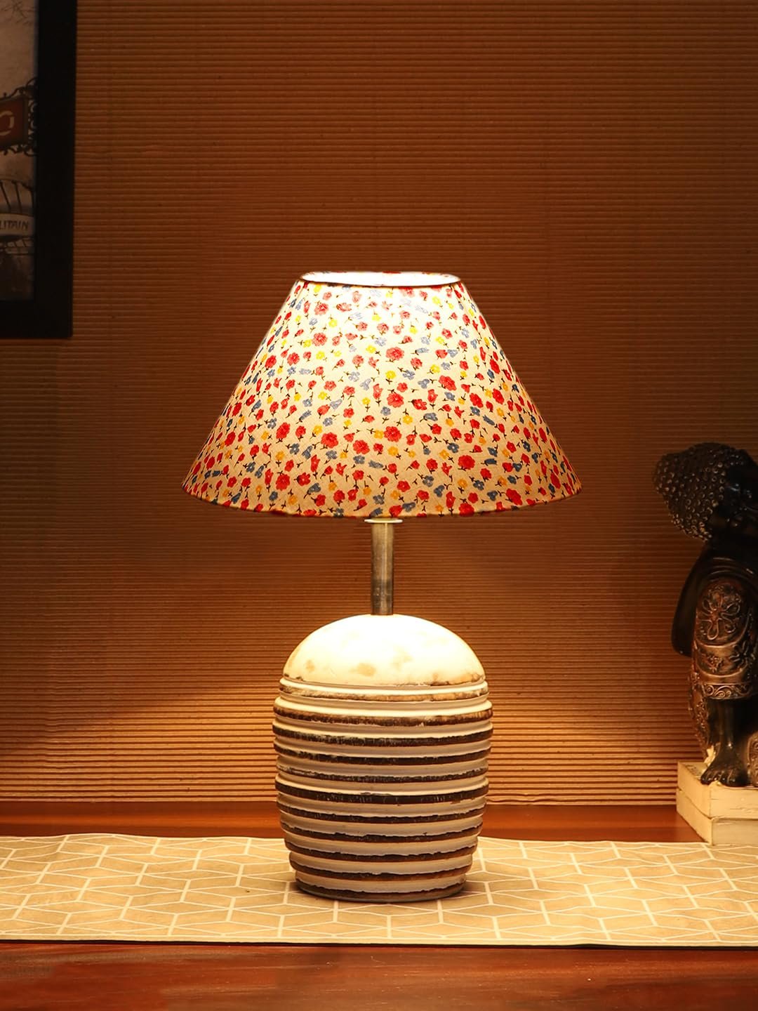 Multicolor Cotton with White Brushed Wood Table Lamp -3