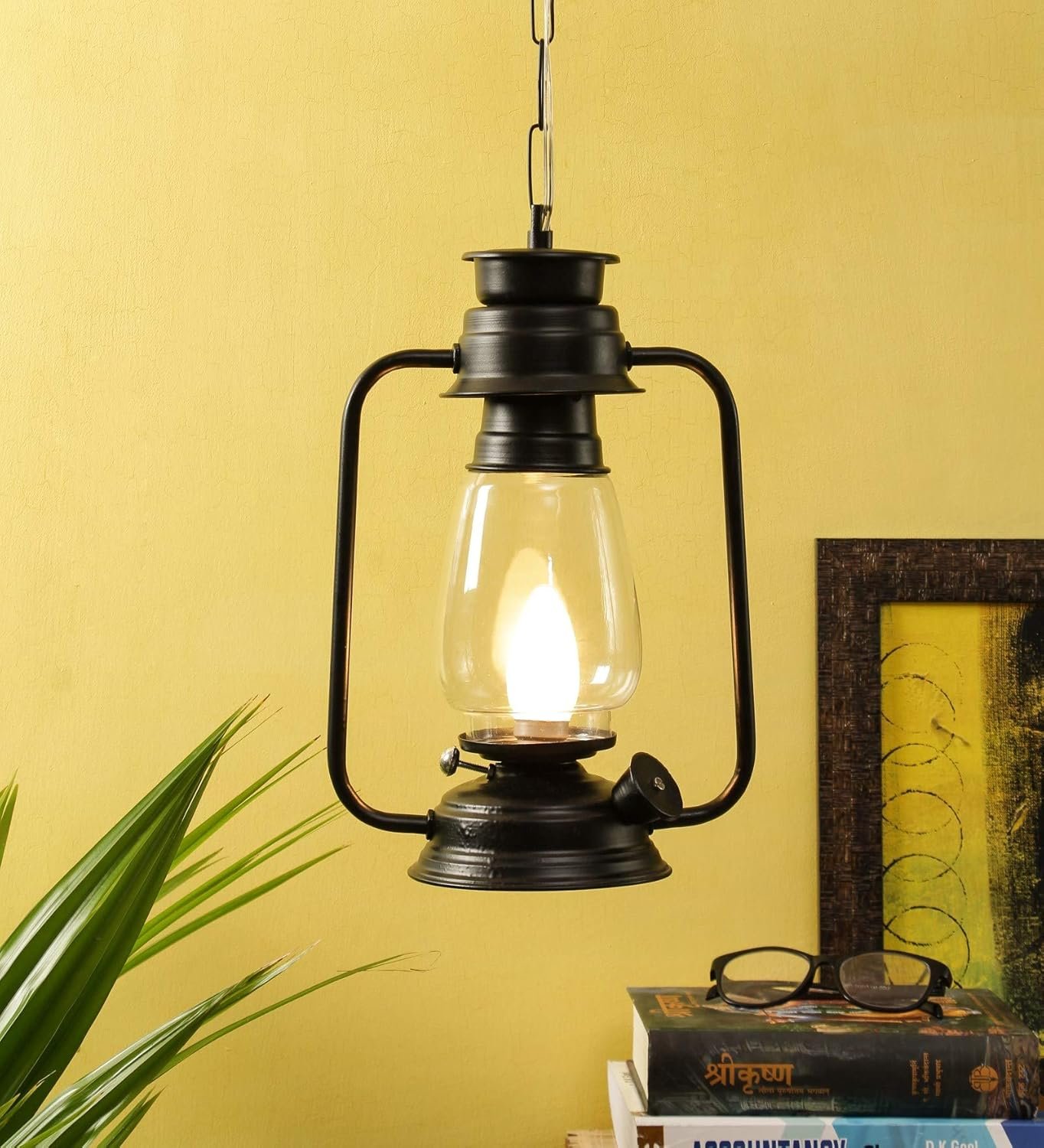 Black Clear Glass Lantern Hanging (Black)