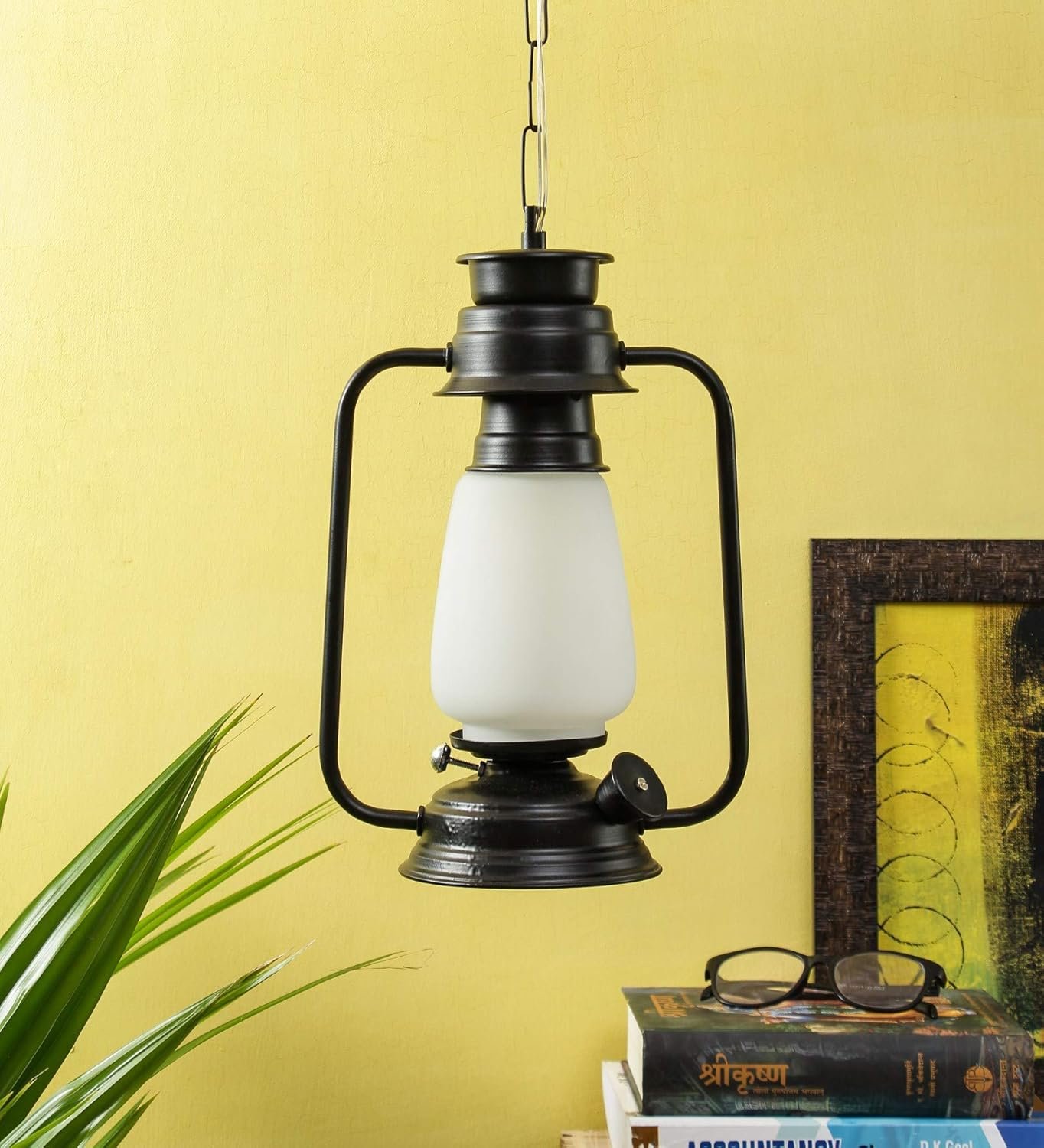 Black Milky Glass Lantern Hanging (Black,Milky)