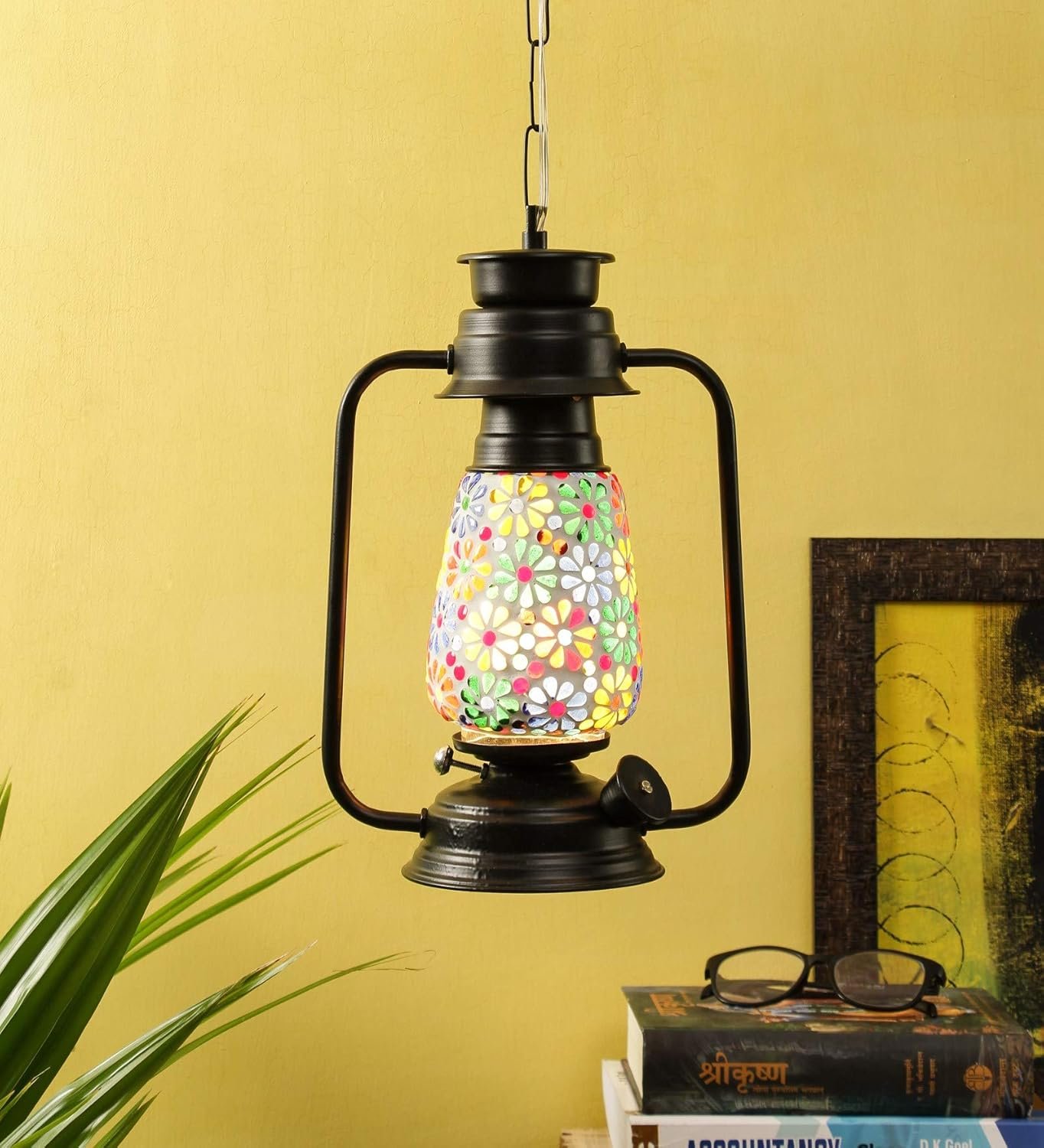 Black Mosiac Glass Lantern Hanging (Multicolour)
