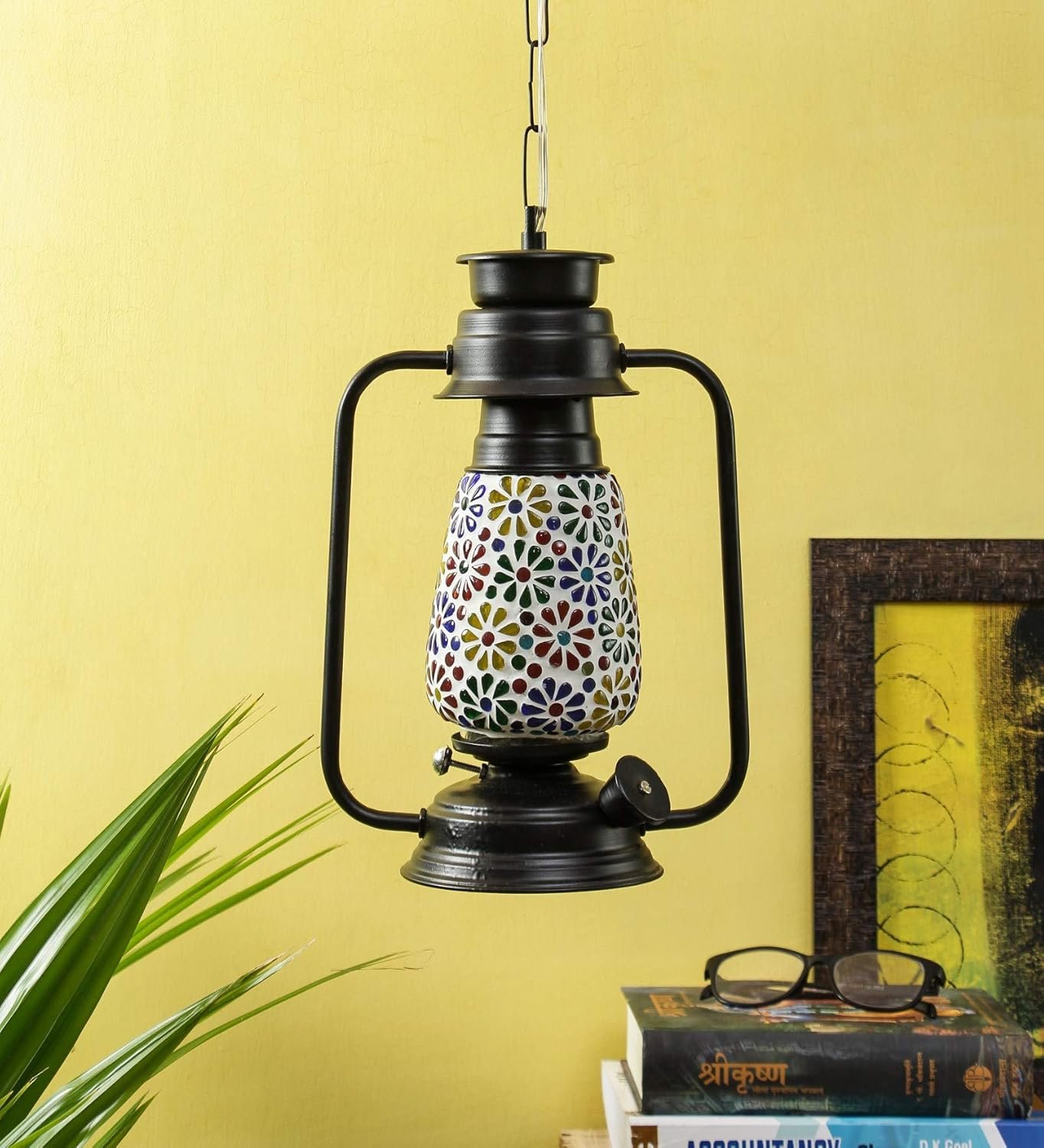 Black Mosiac Glass Lantern Hanging (Multicolour)