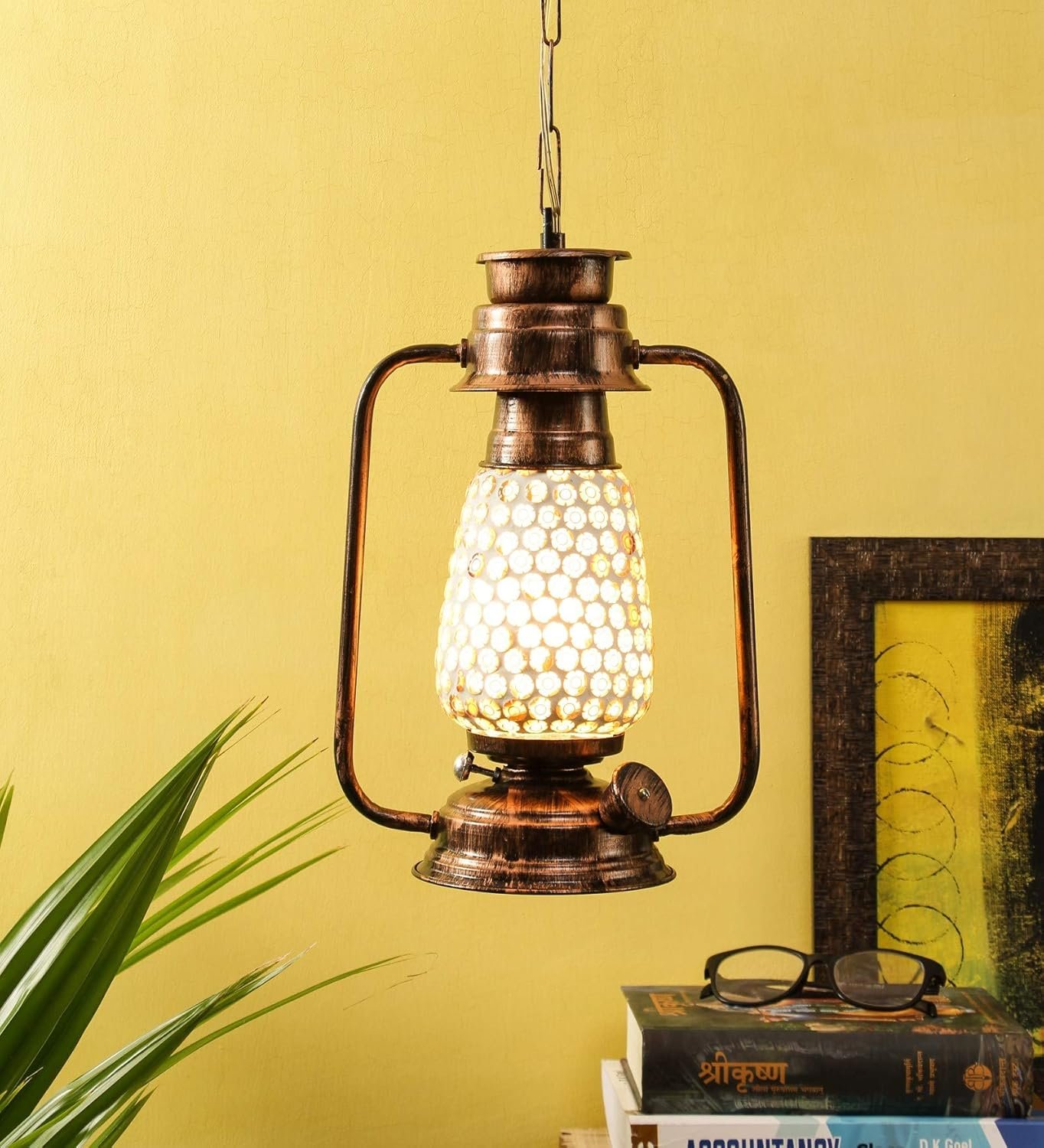 Copper Mosaic Glass Lantern Hanging (Multicolor)