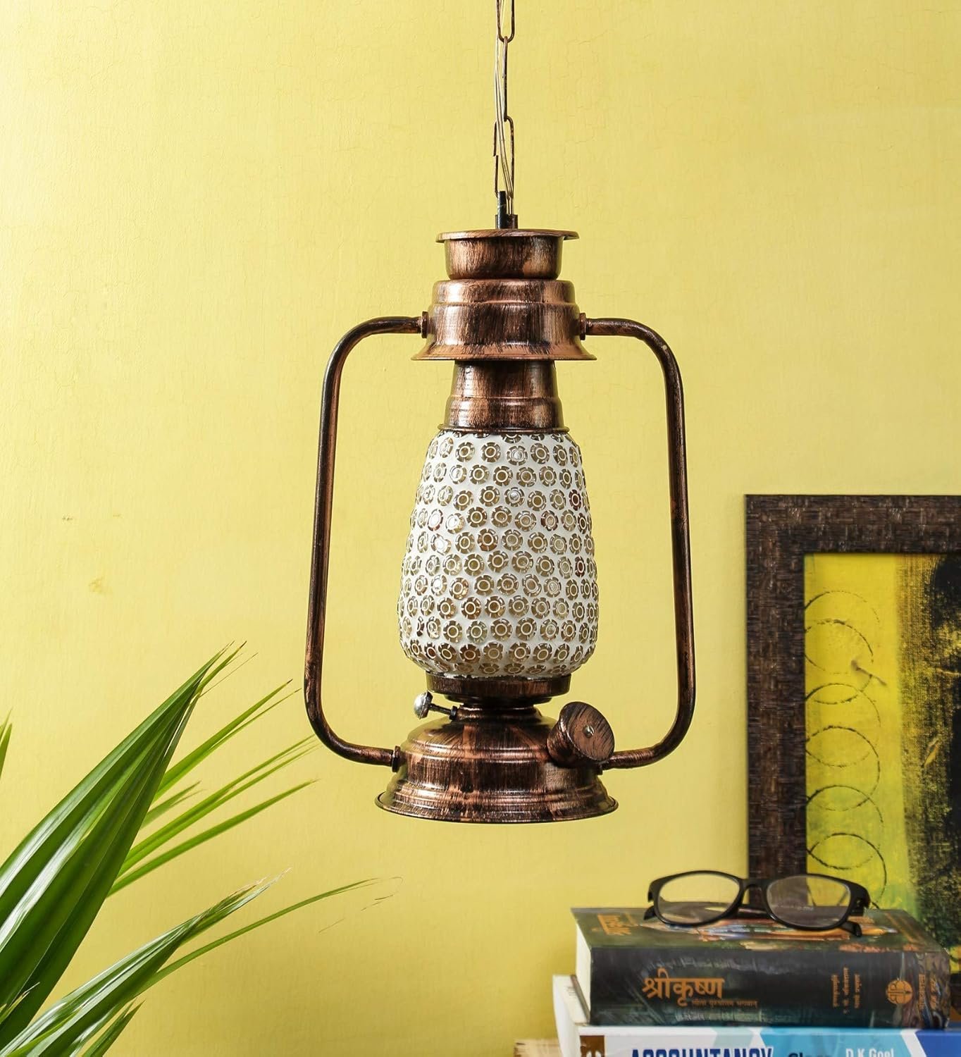 Copper Mosaic Glass Lantern Hanging (Multicolor)