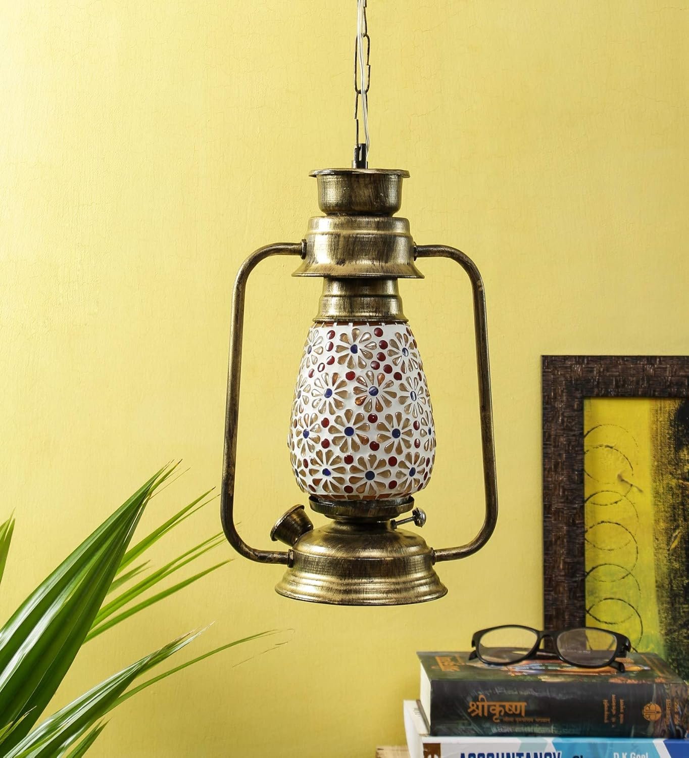 Gold Mosaic Glass Lantern Hanging (Multicolor)