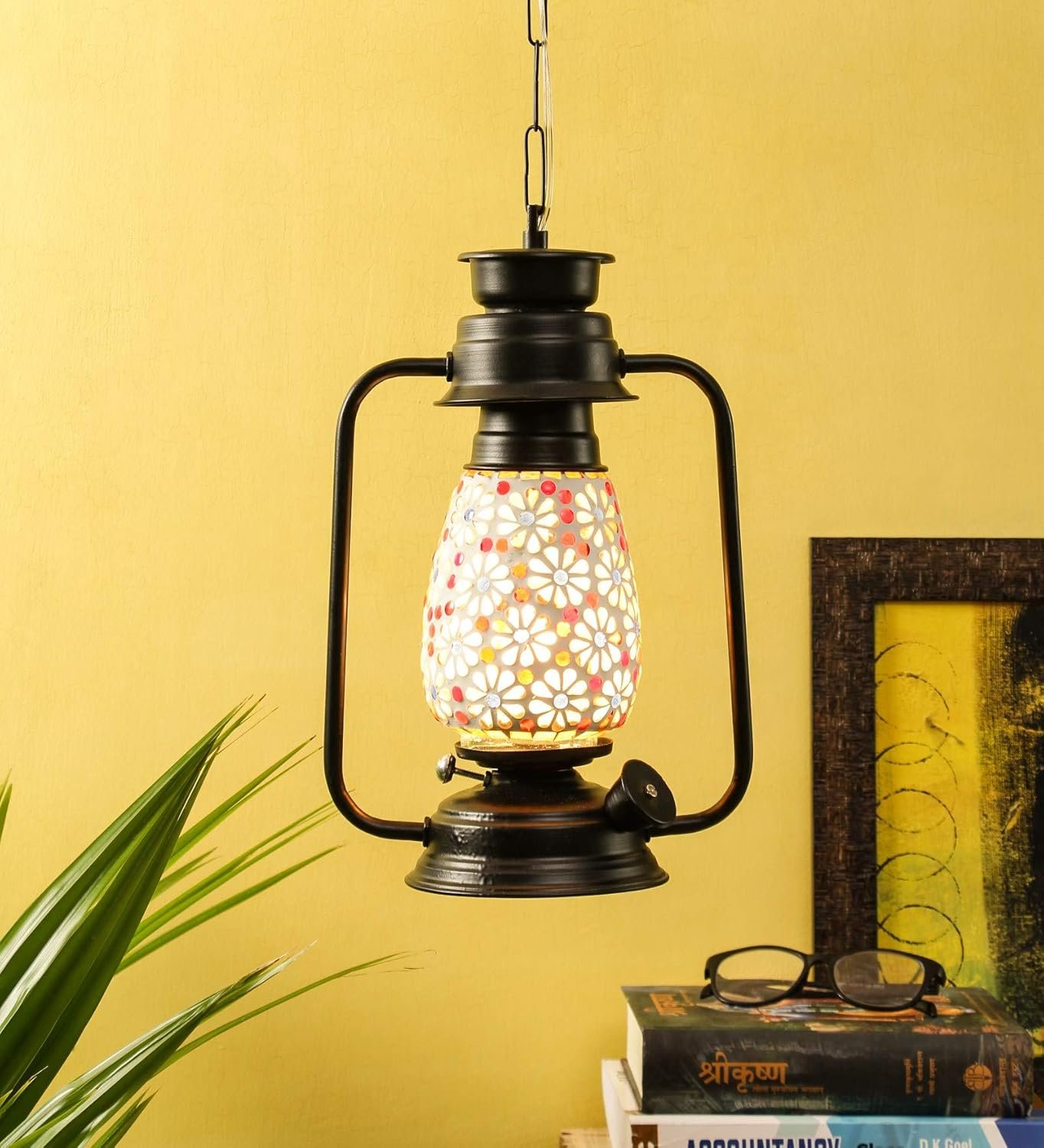 Black Mosaic Glass Lantern Hanging (Multicolor)