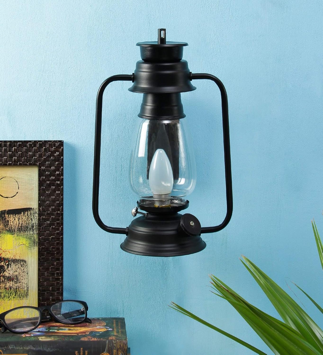 Black Clear Glass Lantern Wall Mounted Lamp (Clear)